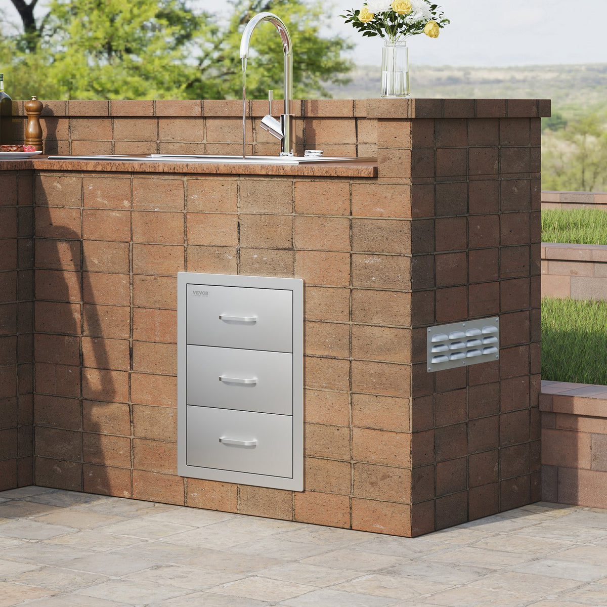 Outdoor Kitchen Triple Flush Mount BBQ Drawers with Stainless Steel Handle