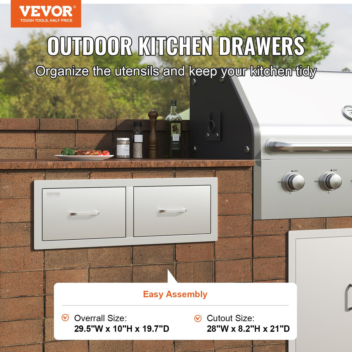 Outdoor Kitchen Drawers 30"x10"x20" Double BBQ Stainless Steel Handle