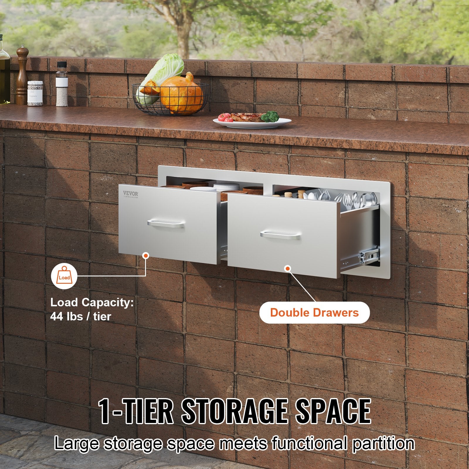 Outdoor Kitchen Drawers 30"x10"x20" Double BBQ Stainless Steel Handle
