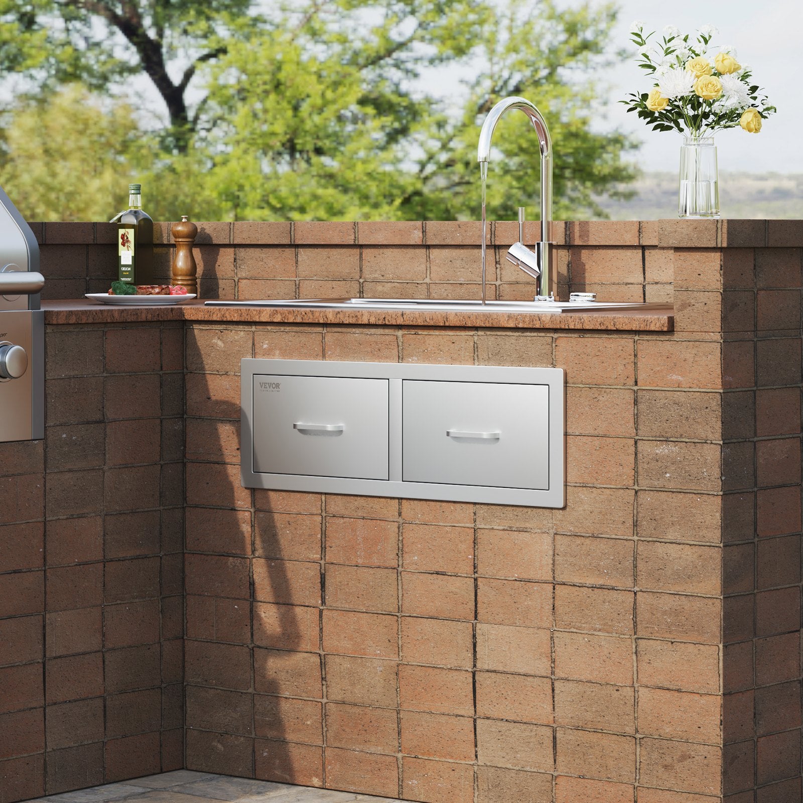 Outdoor Kitchen Drawers 30"x10"x20" Double BBQ Stainless Steel Handle