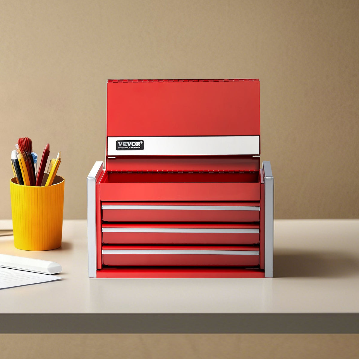 Metal Tool Box 8.6" Portable 3-Drawer Steel Tool Chest with EVA Liners Red