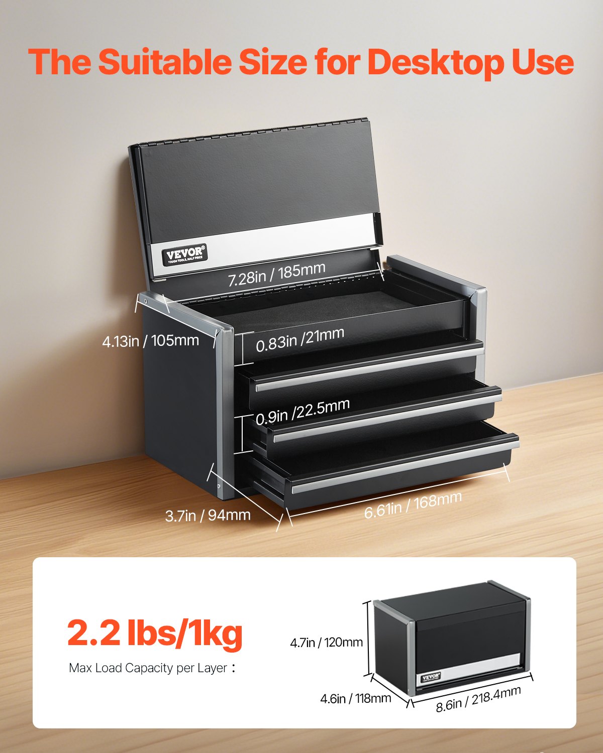 Metal Tool Box 8.6" Portable 3-Drawer Steel Tool Chest with EVA Liners Black