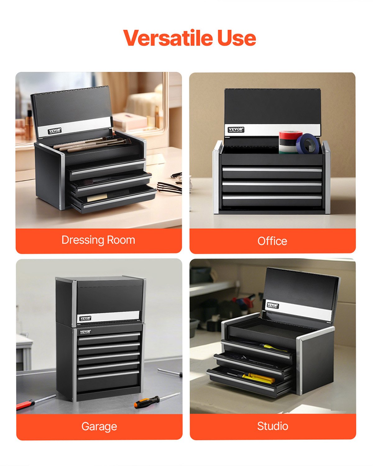 Metal Tool Box 8.6" Portable 3-Drawer Steel Tool Chest with EVA Liners Black