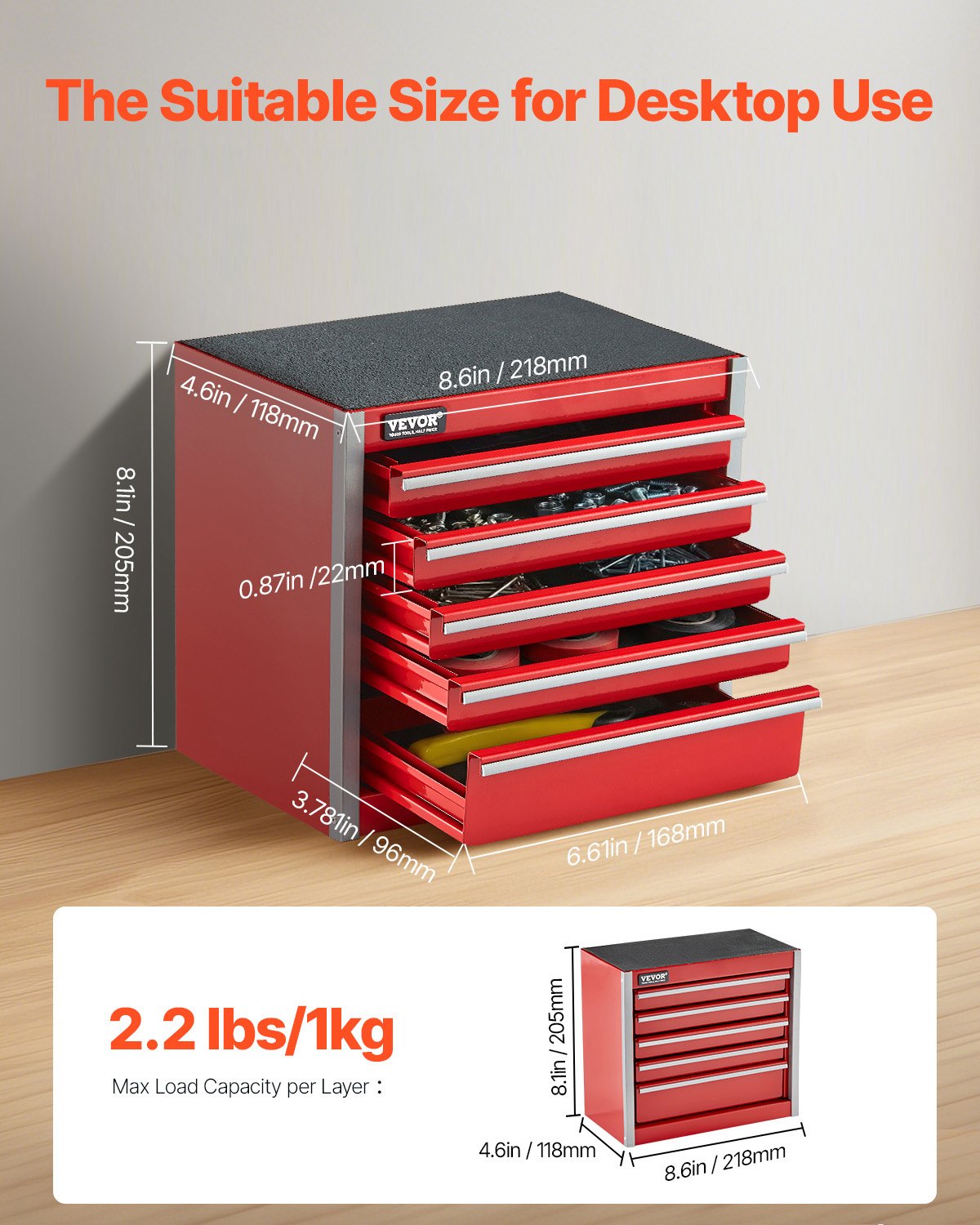 Metal Tool Box 8.6" Portable 5-Drawer Steel Tool Chest with EVA Liners Red
