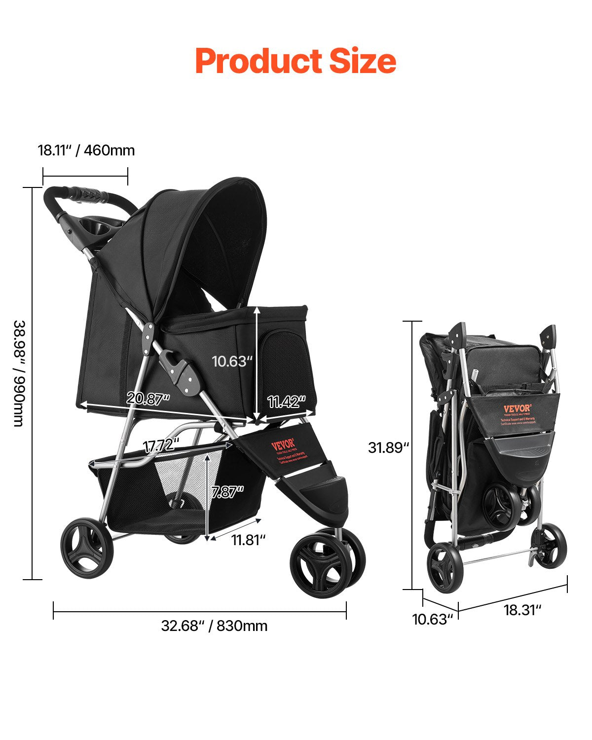 Foldable Pet Stroller 16KG Capacity 3-Wheel Dog & Cat Stroller Cart