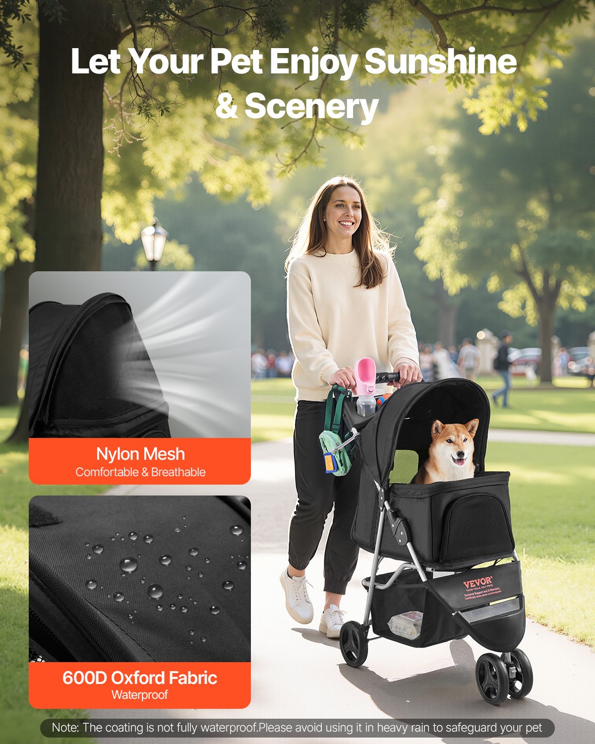 Foldable Pet Stroller 16KG Capacity 3-Wheel Dog & Cat Stroller Cart