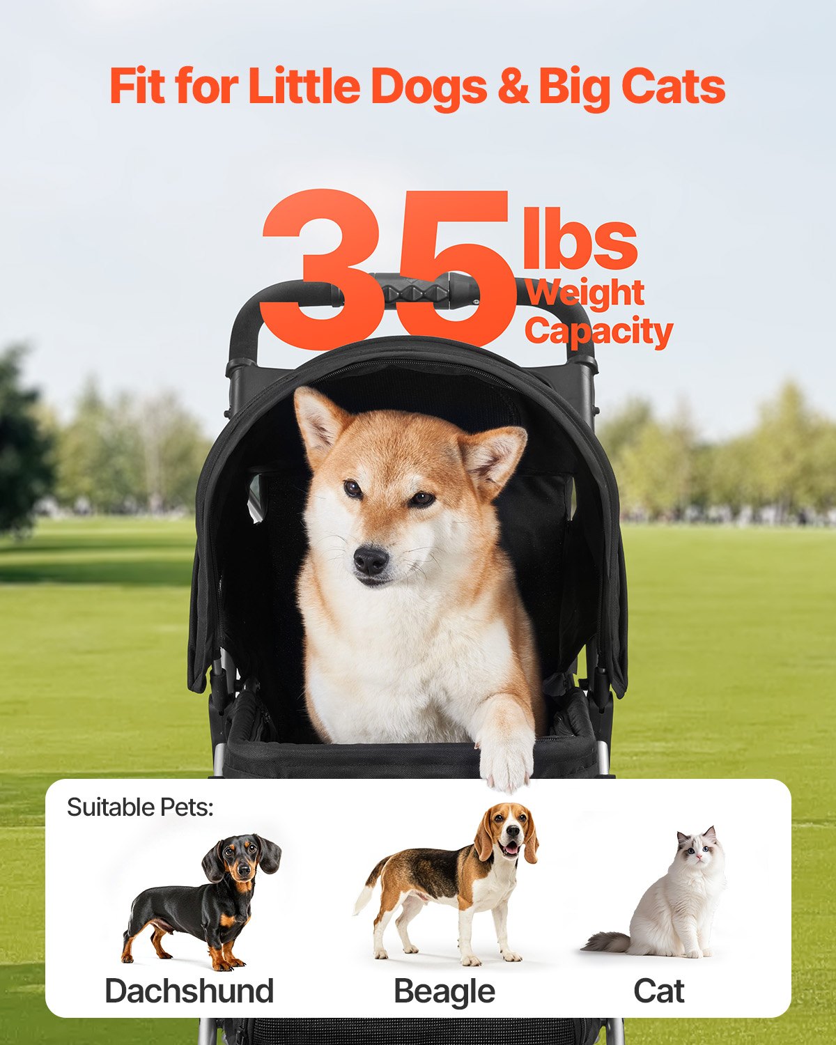 Foldable Pet Stroller 16KG Capacity 3-Wheel Dog & Cat Stroller Cart