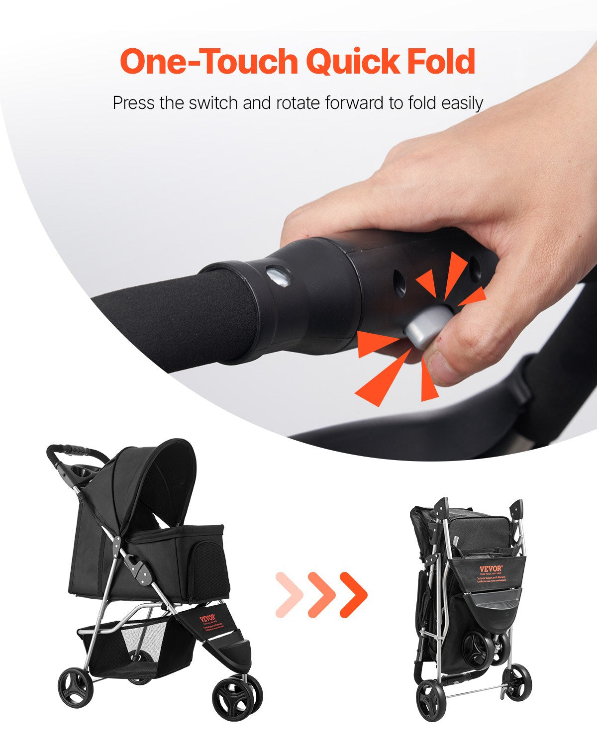Foldable Pet Stroller 16KG Capacity 3-Wheel Dog & Cat Stroller Cart