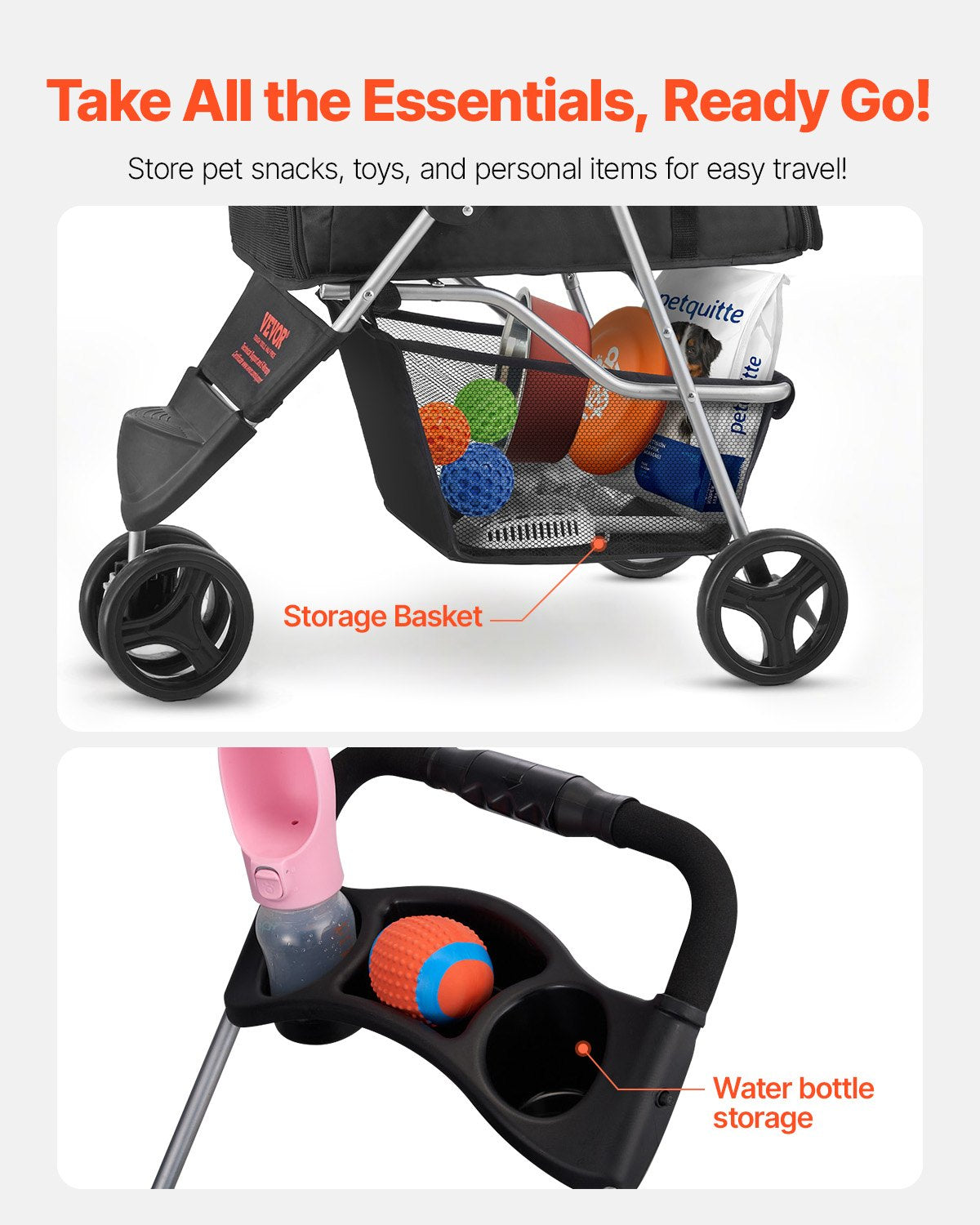 Foldable Pet Stroller 16KG Capacity 3-Wheel Dog & Cat Stroller Cart