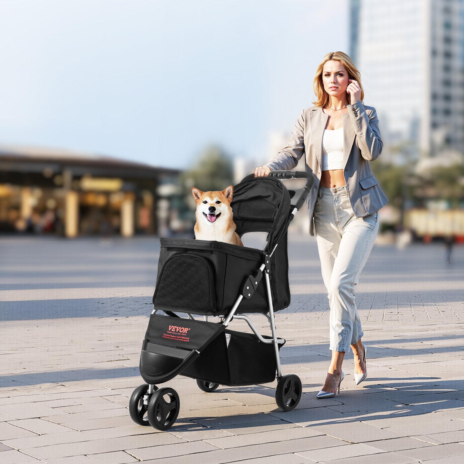 Foldable Pet Stroller 16KG Capacity 3-Wheel Dog & Cat Stroller Cart