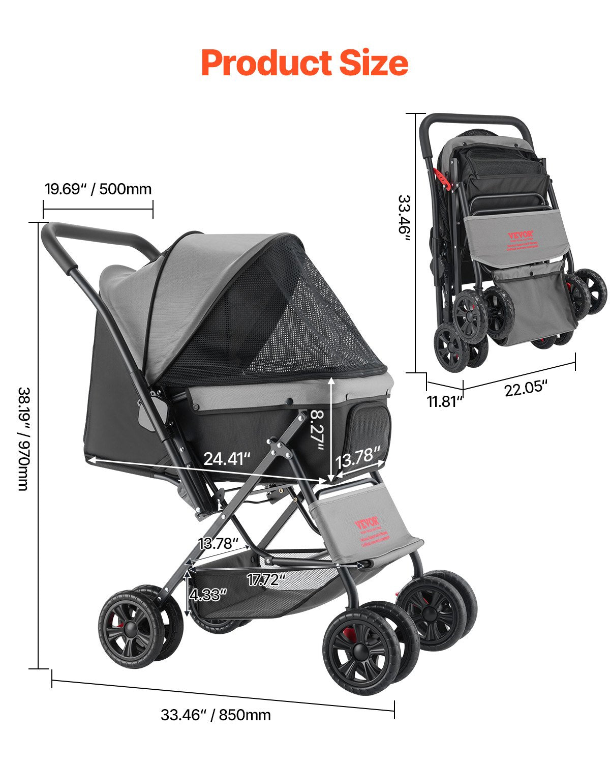 Pet Stroller 20KG Foldable Dog Cat Stroller 4 Wheel Mesh Window Brake Carrier
