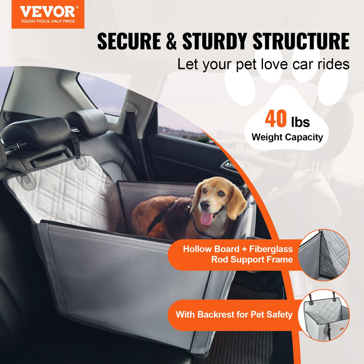 Dog Car Seat Waterproof Booster with Support Frame Clip-On Safety Leash Gray