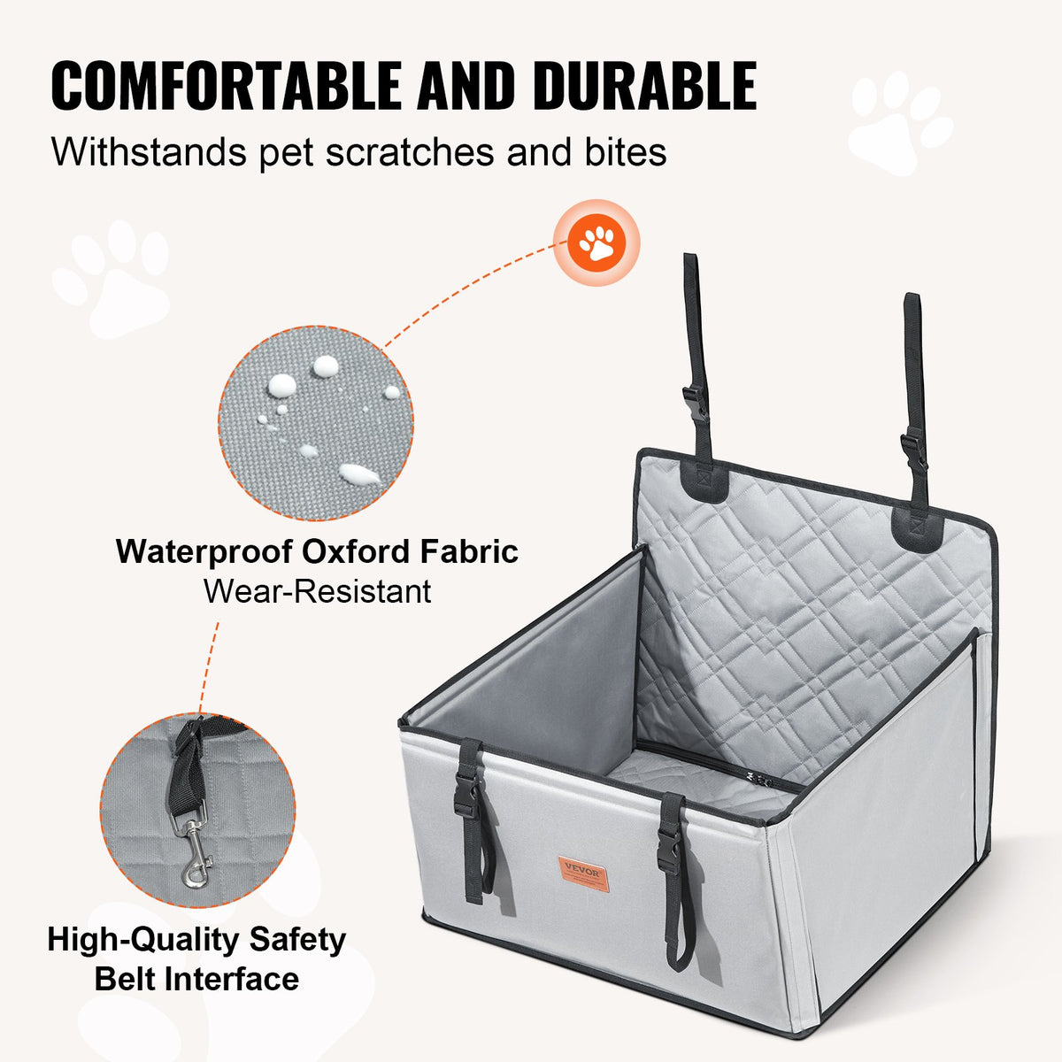 Dog Car Seat Waterproof Booster with Support Frame Clip-On Safety Leash Gray