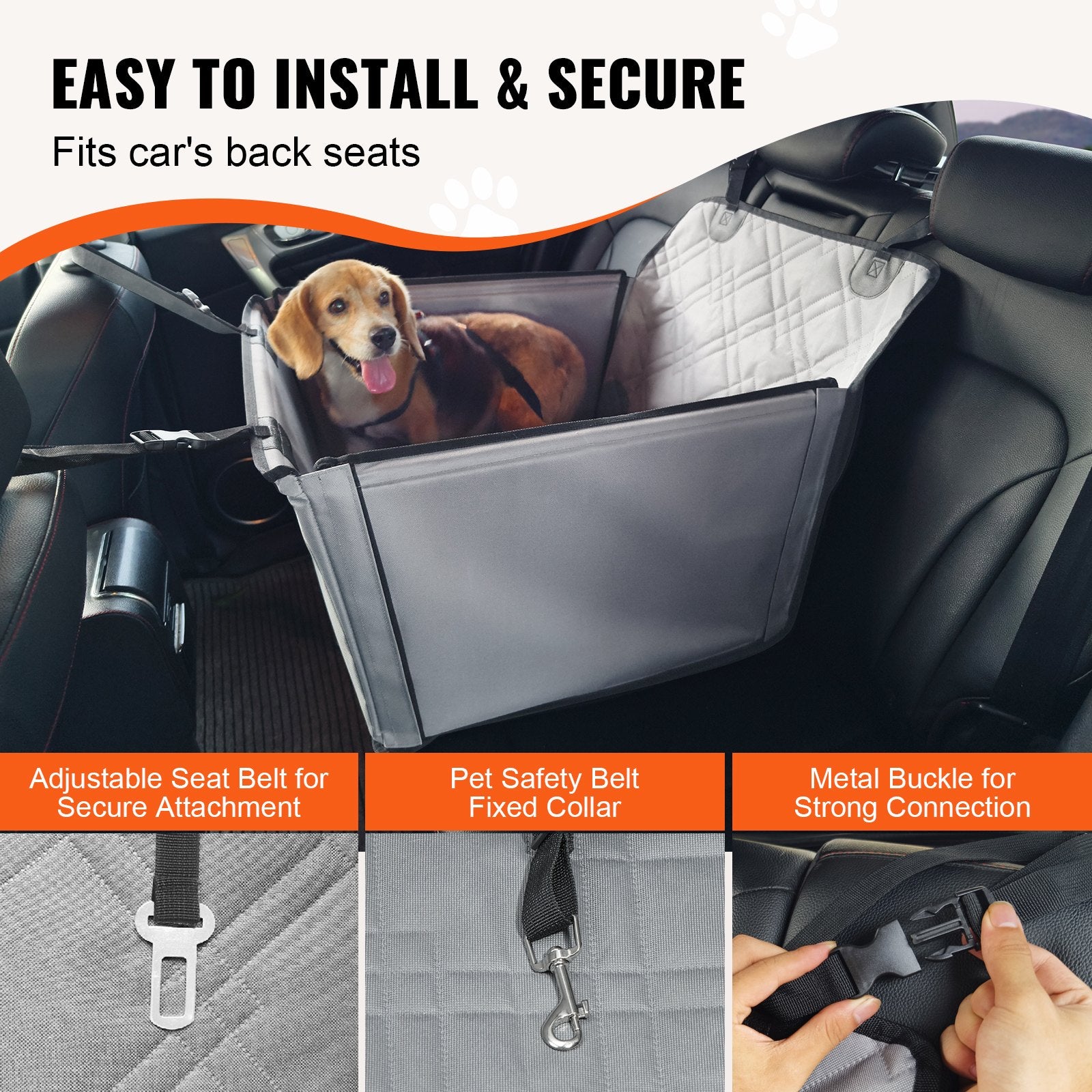 Dog Car Seat Waterproof Booster with Support Frame Clip-On Safety Leash Gray