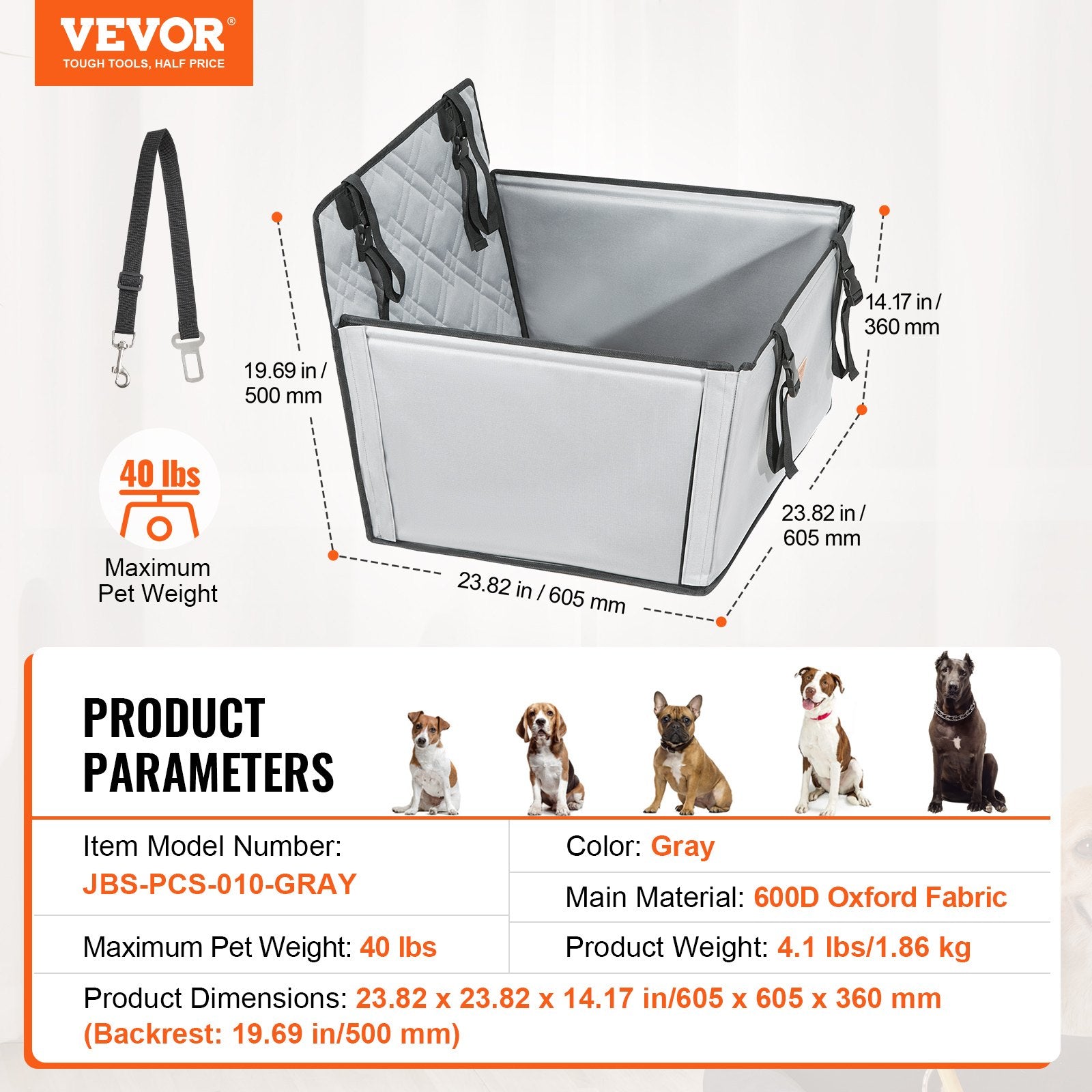 Dog Car Seat Waterproof Booster with Support Frame Clip-On Safety Leash Gray