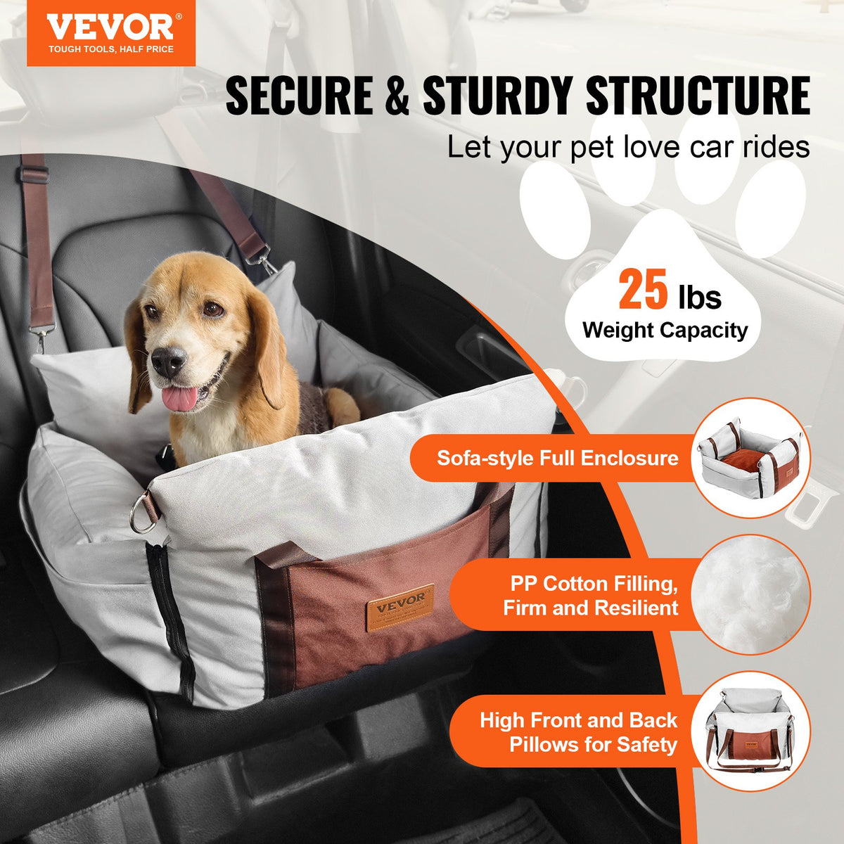 Dog Car Seat Waterproof Booster Handles Storage Pocket Safety Leash 11.3kg Gray