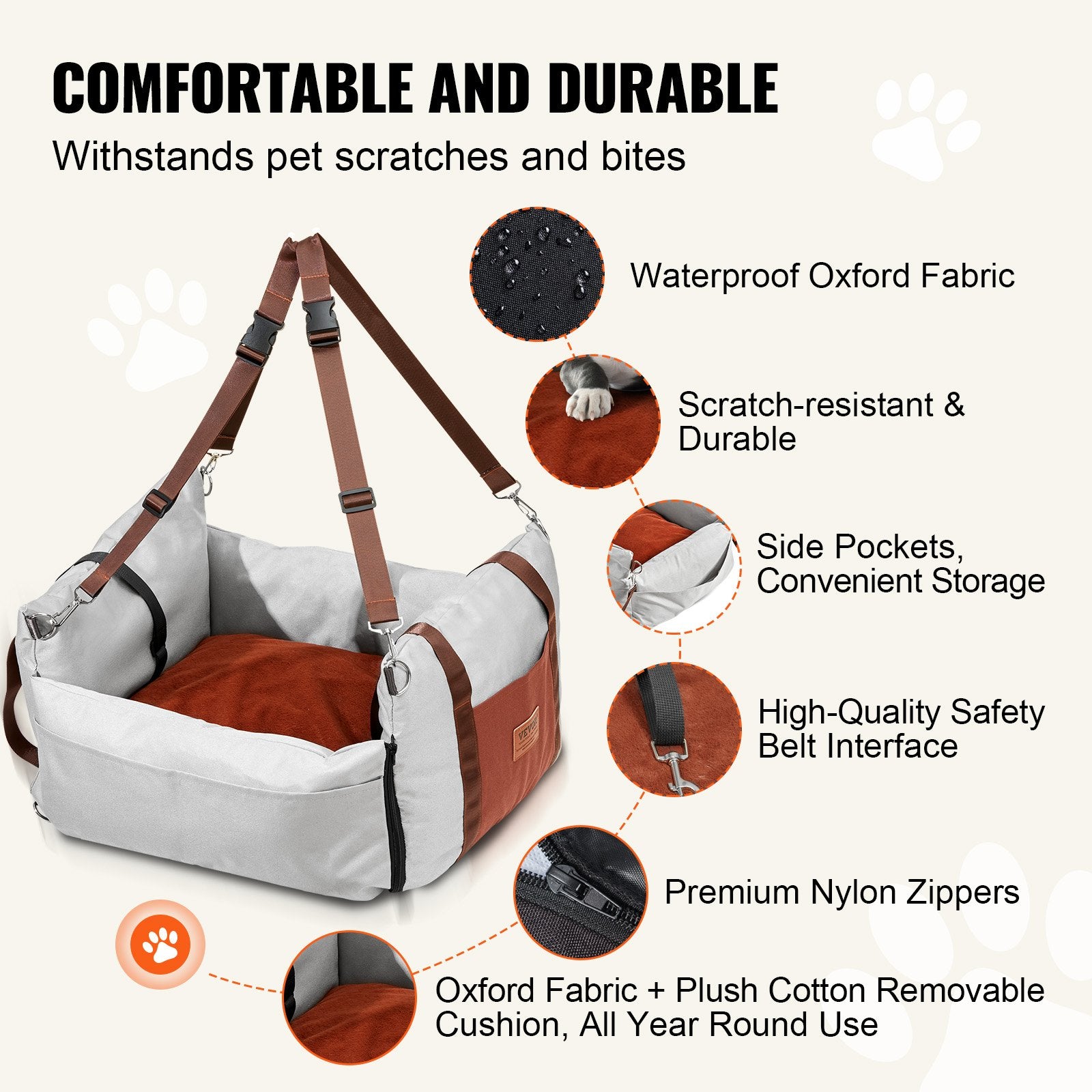 Dog Car Seat Waterproof Booster Handles Storage Pocket Safety Leash 11.3kg Gray