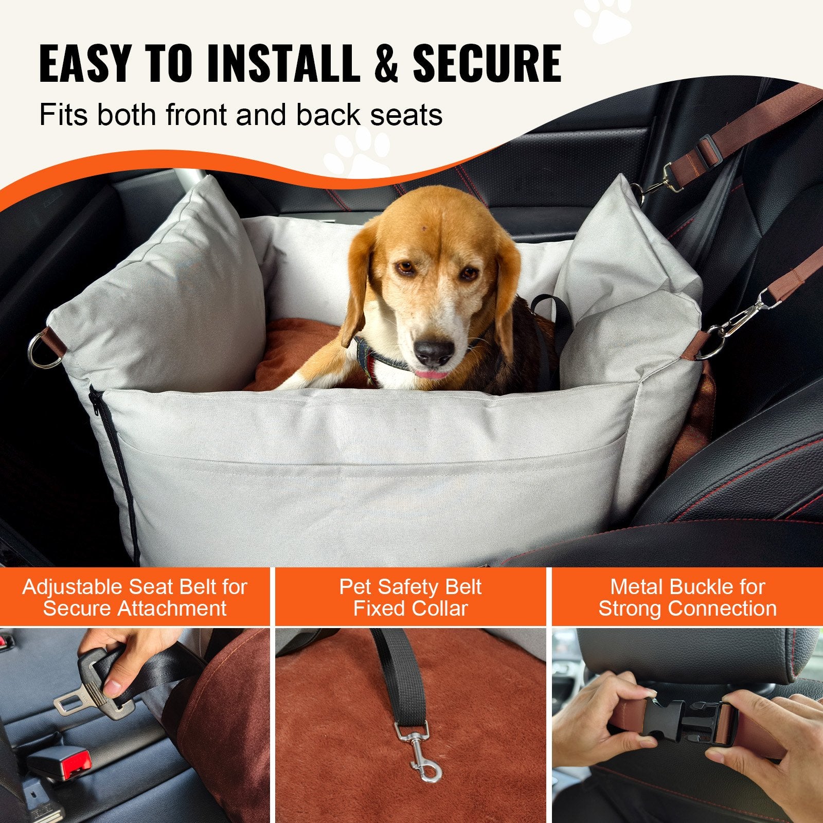 Dog Car Seat Waterproof Booster Handles Storage Pocket Safety Leash 11.3kg Gray