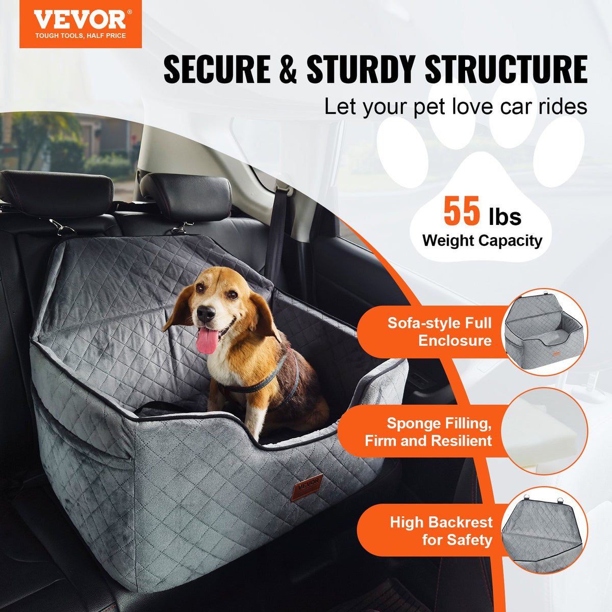 Dog Car Seat Booster with Storage Pocket Safety Leash Sponge 24.9kg Gray