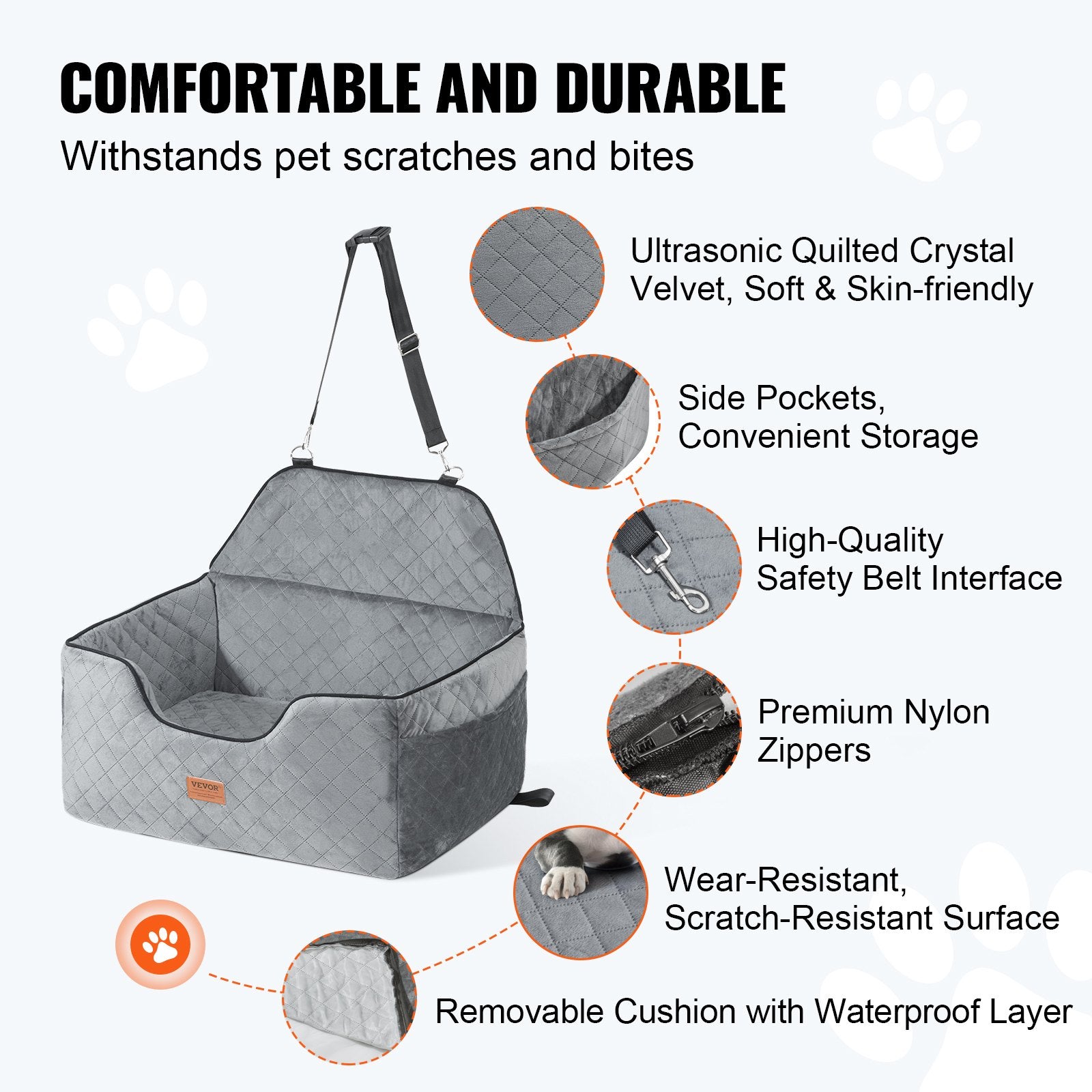 Dog Car Seat Booster with Storage Pocket Safety Leash Sponge 24.9kg Gray