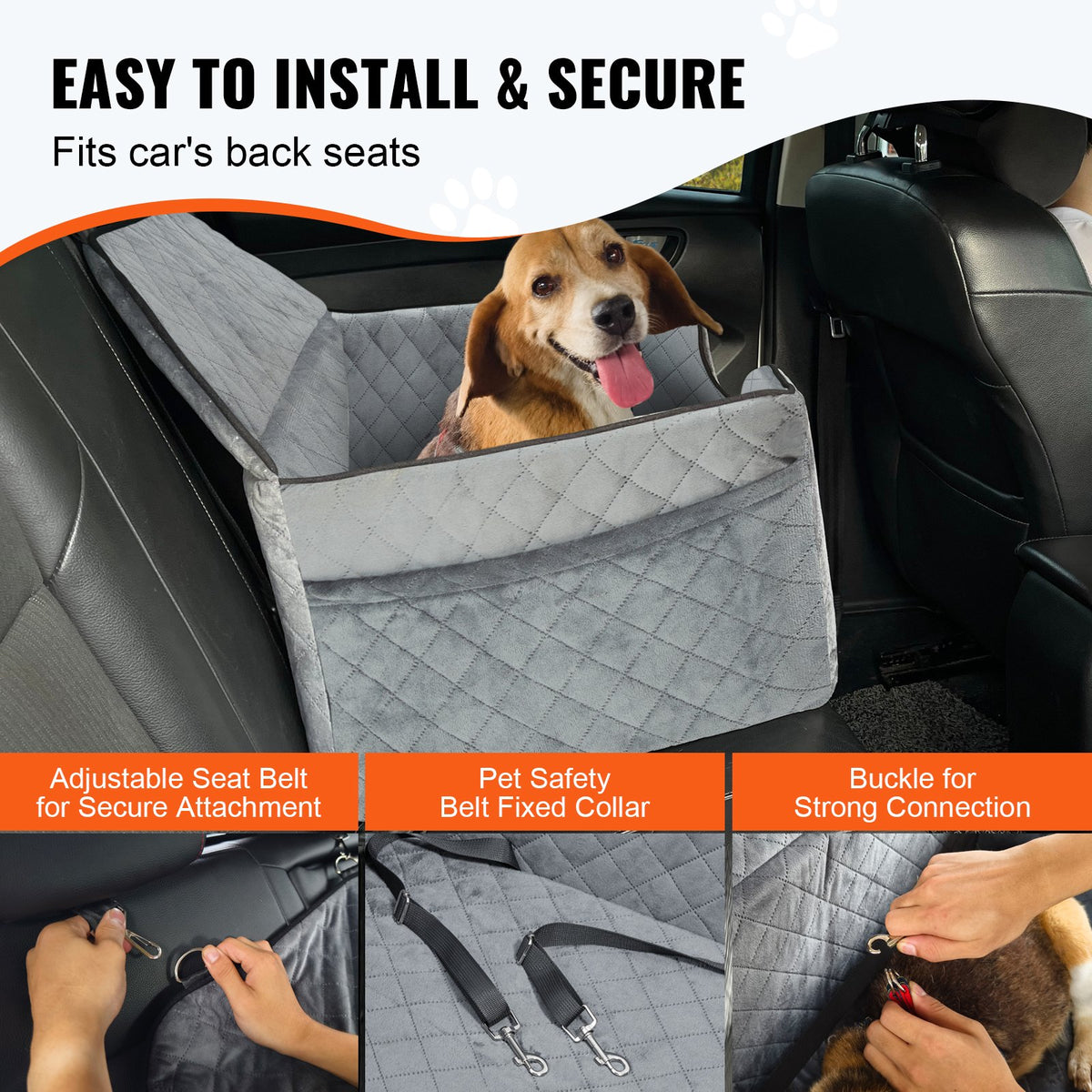 Dog Car Seat Booster with Storage Pocket Safety Leash Sponge 24.9kg Gray