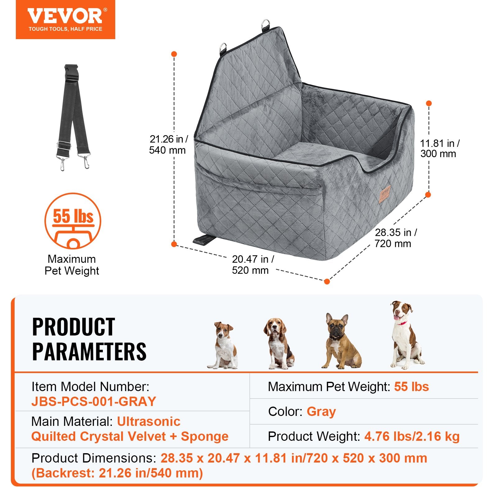 Dog Car Seat Booster with Storage Pocket Safety Leash Sponge 24.9kg Gray