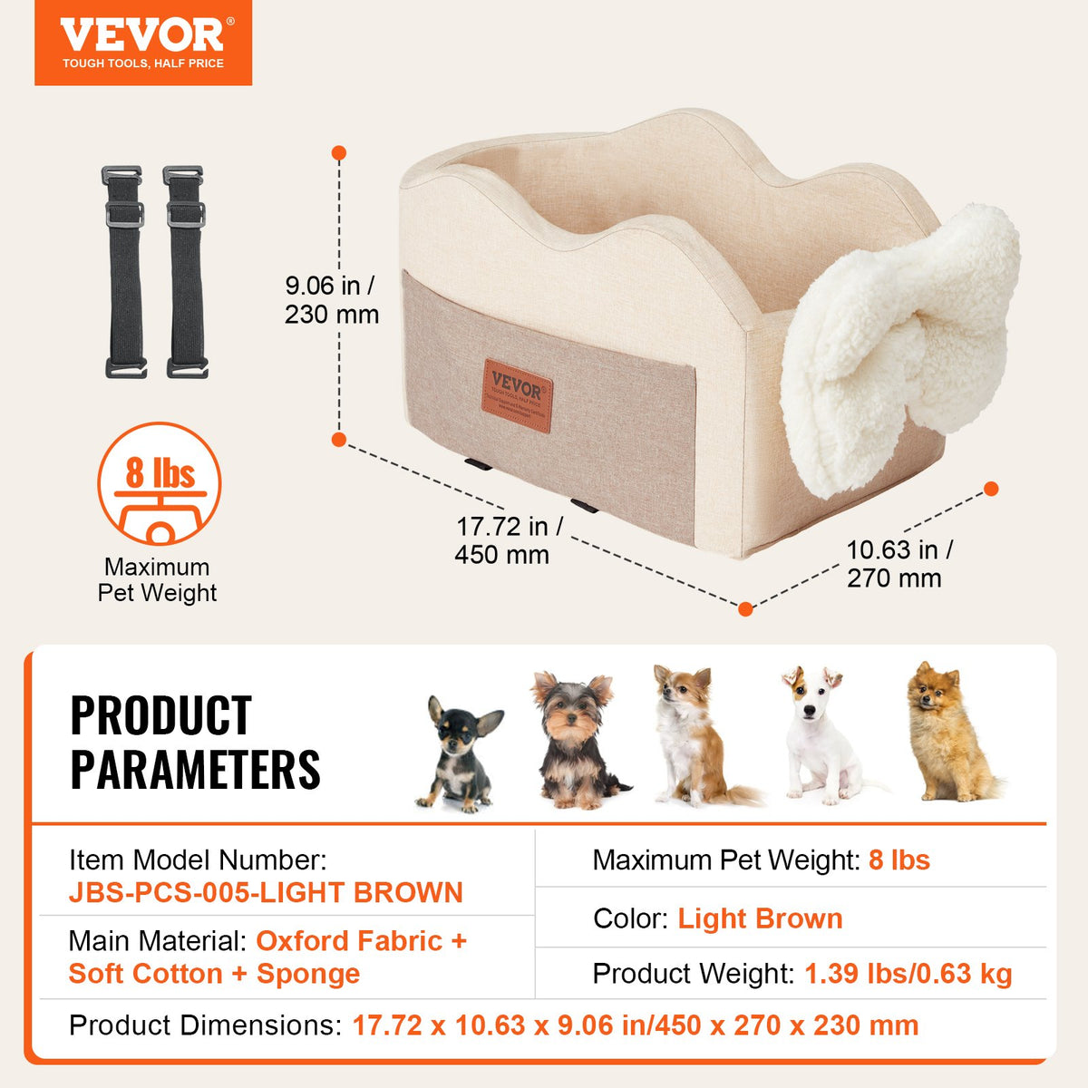 Dog Car Seat Console Center Booster Small Dog Clip-On Leash Adjustable Straps