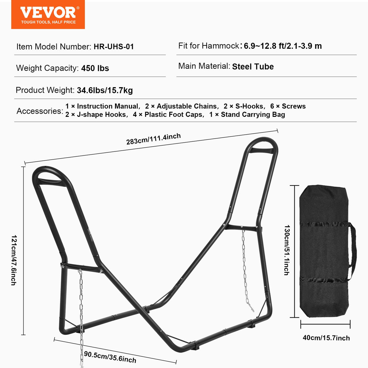 Hammock Stand Universal 2 Person Adjustable Heavy Duty 450lbs Chain Hook Bag