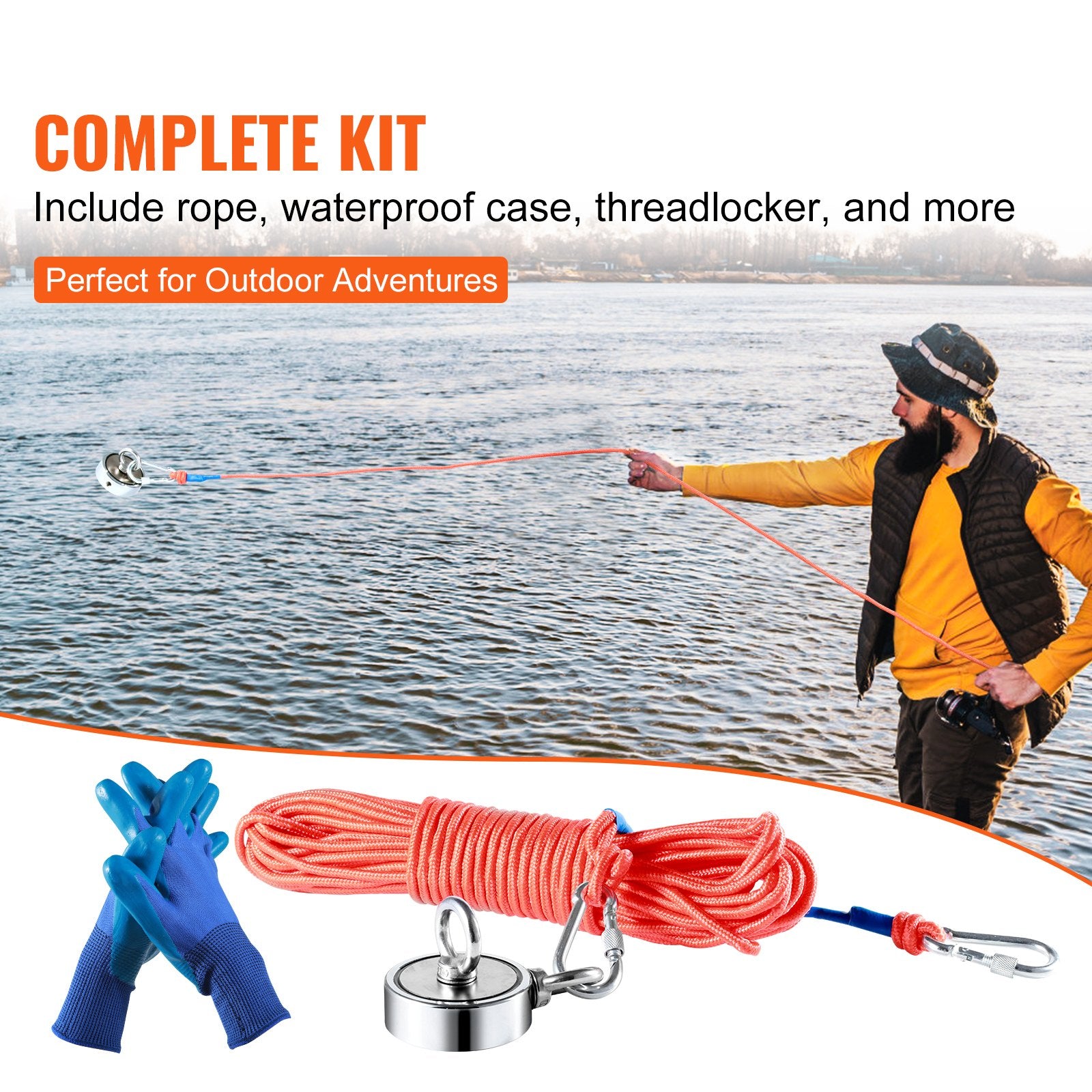 1200lb Double Sided Magnet Fishing Kit 2.95in Rope Hook Gloves Case Threadlocker