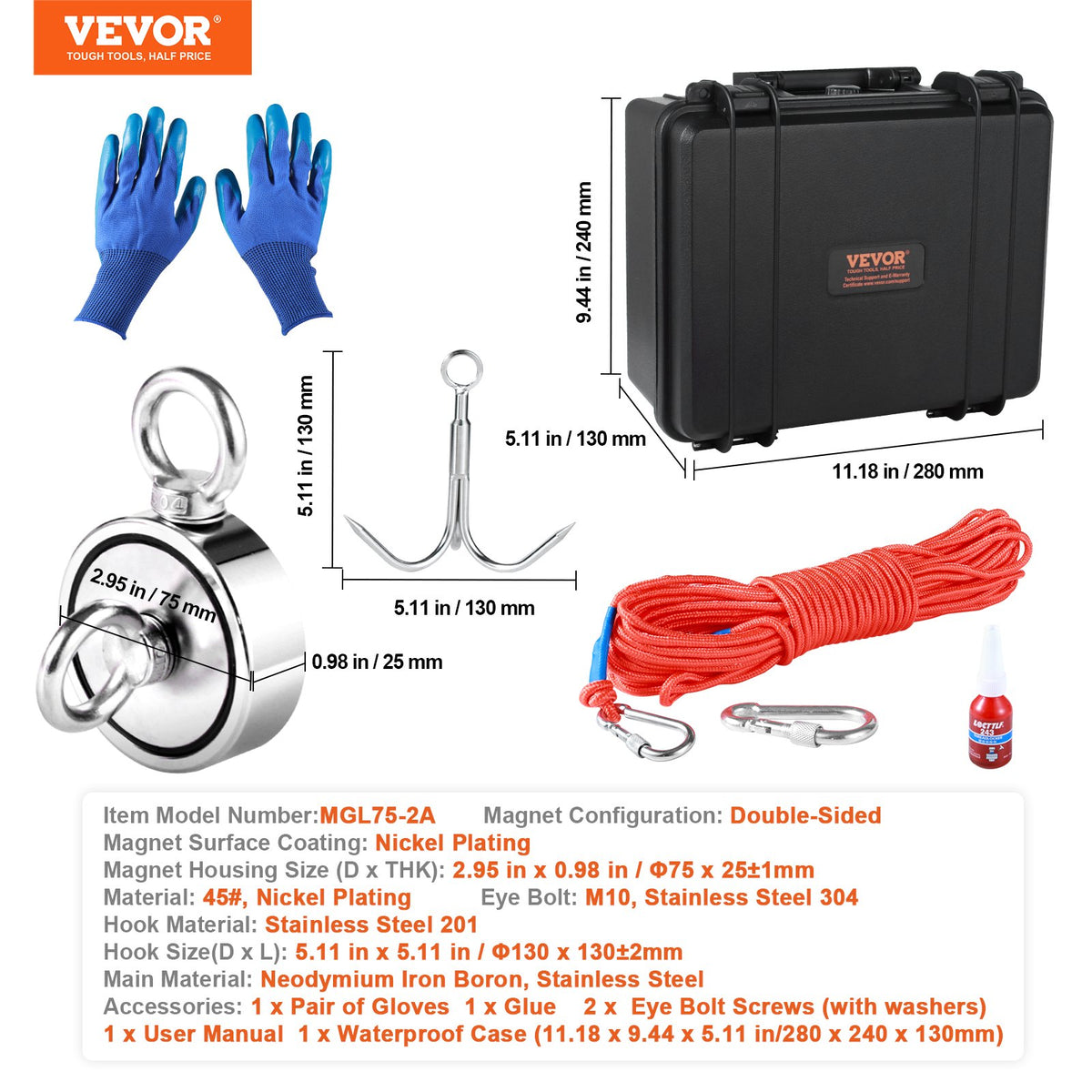 1200lb Double Sided Magnet Fishing Kit 2.95in Rope Hook Gloves Case Threadlocker