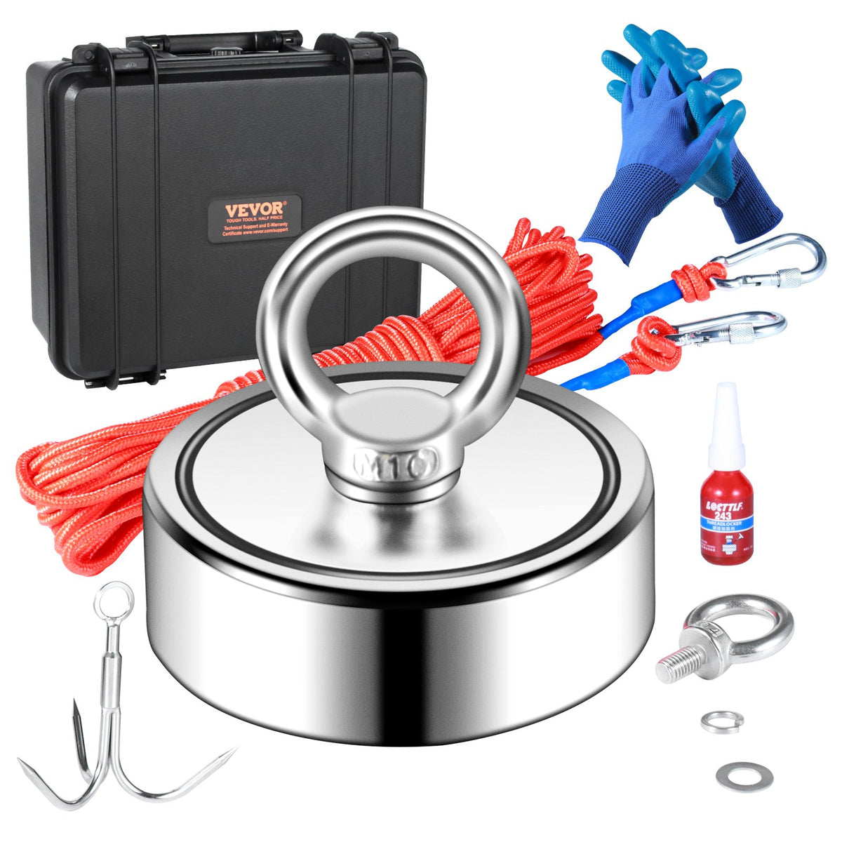 1200lb Double Sided Magnet Fishing Kit 2.95in Rope Hook Gloves Case Threadlocker