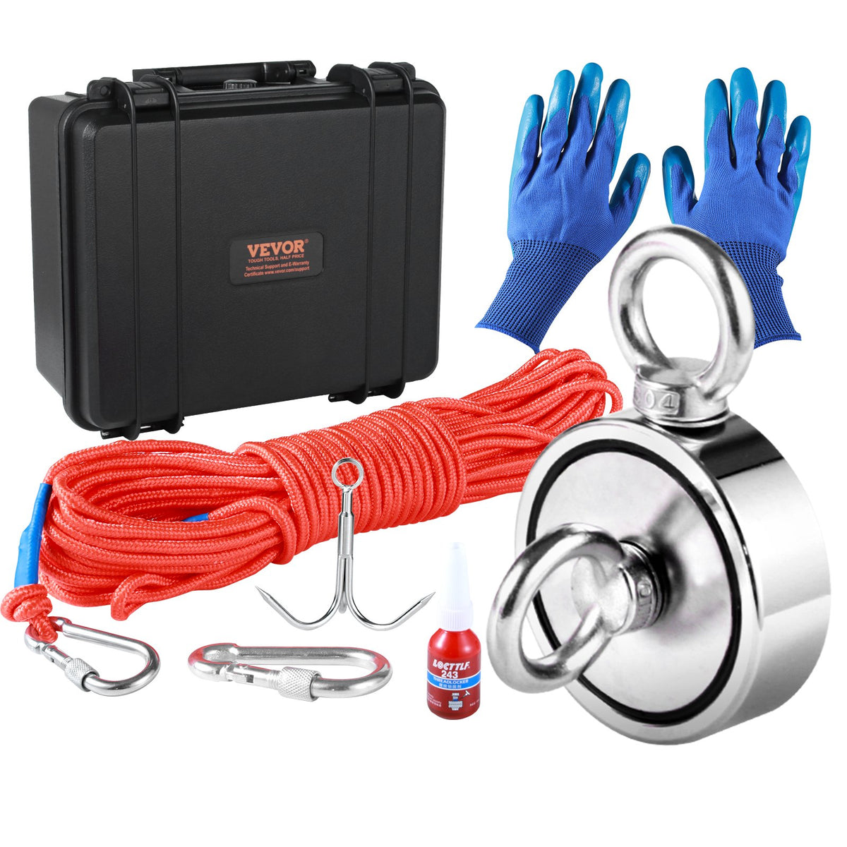 1200lb Double Sided Magnet Fishing Kit 2.95in Rope Hook Gloves Case Threadlocker