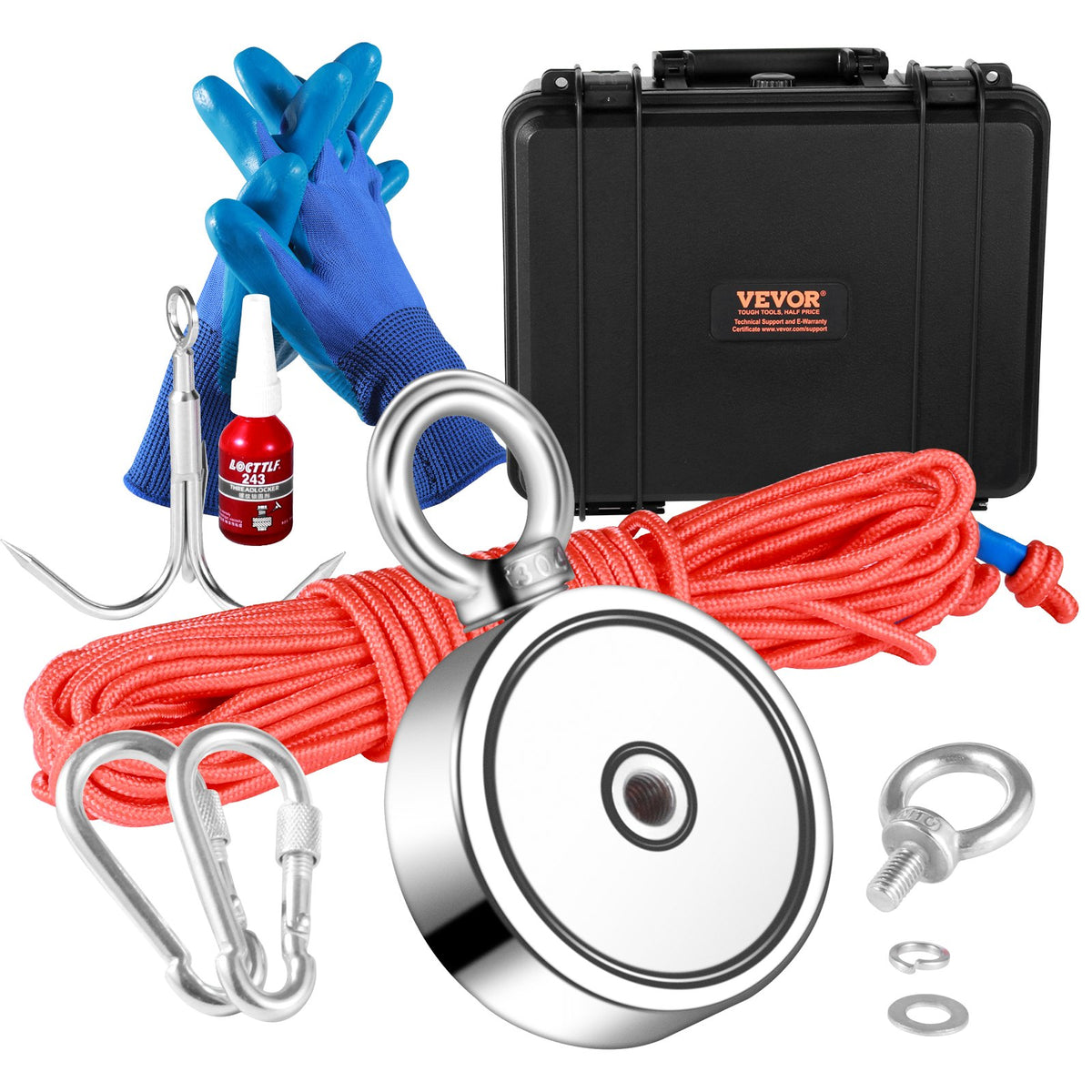 1200lb Double Sided Magnet Fishing Kit 2.95in Rope Hook Gloves Case Threadlocker