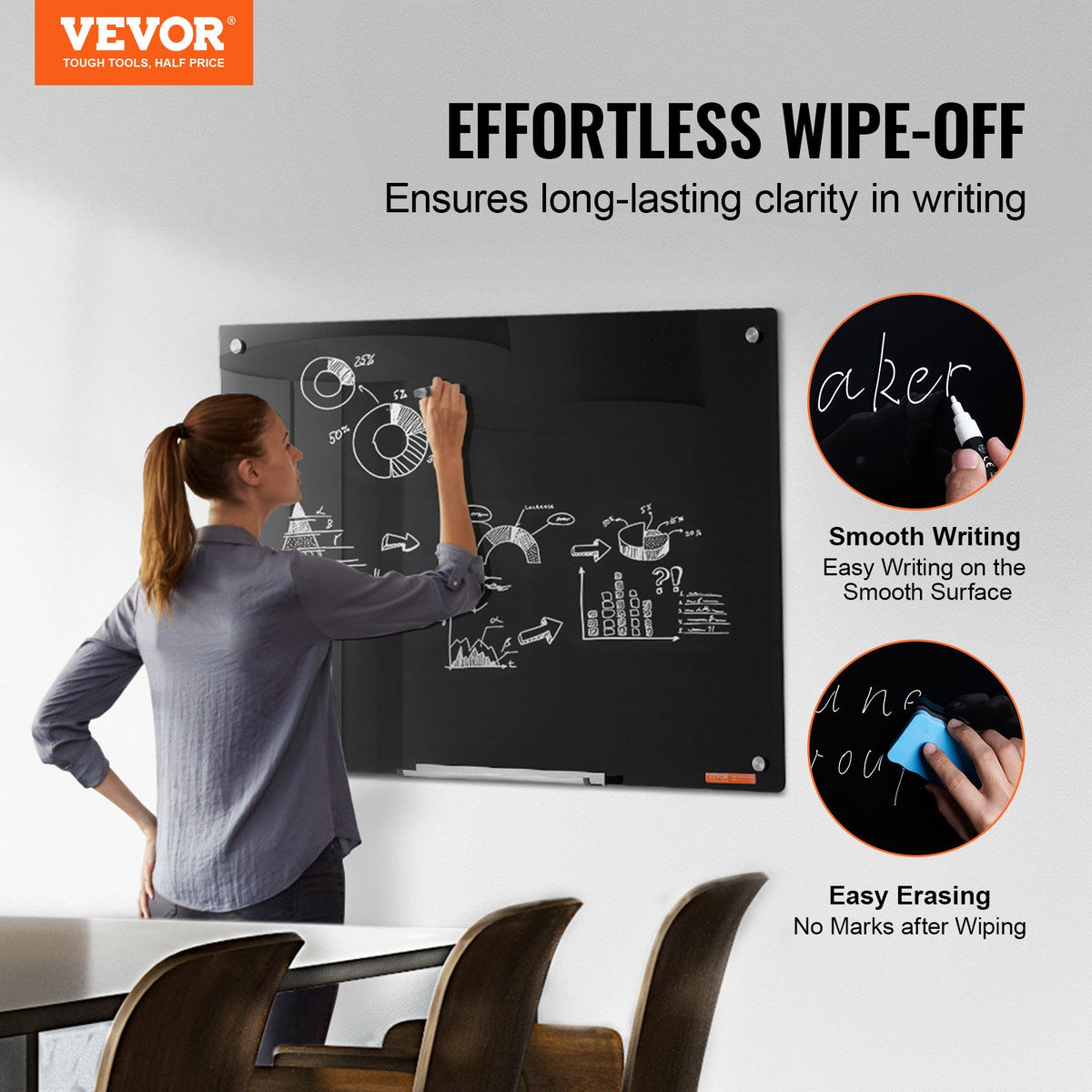 Magnetic Glass Whiteboard 36x24 Wall Mounted Frameless Dry Erase Board Black