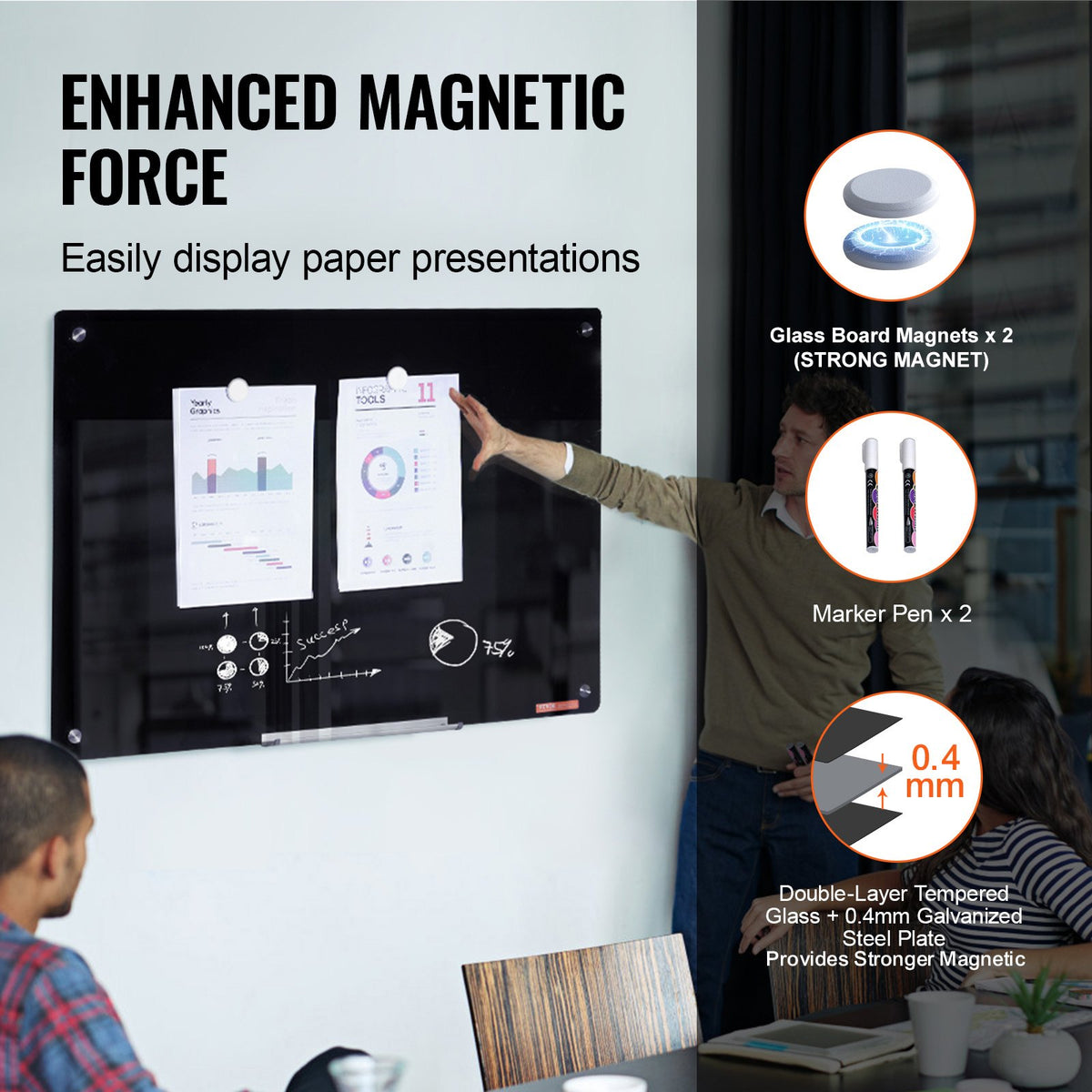 Magnetic Glass Whiteboard 36x24 Wall Mounted Frameless Dry Erase Board Black