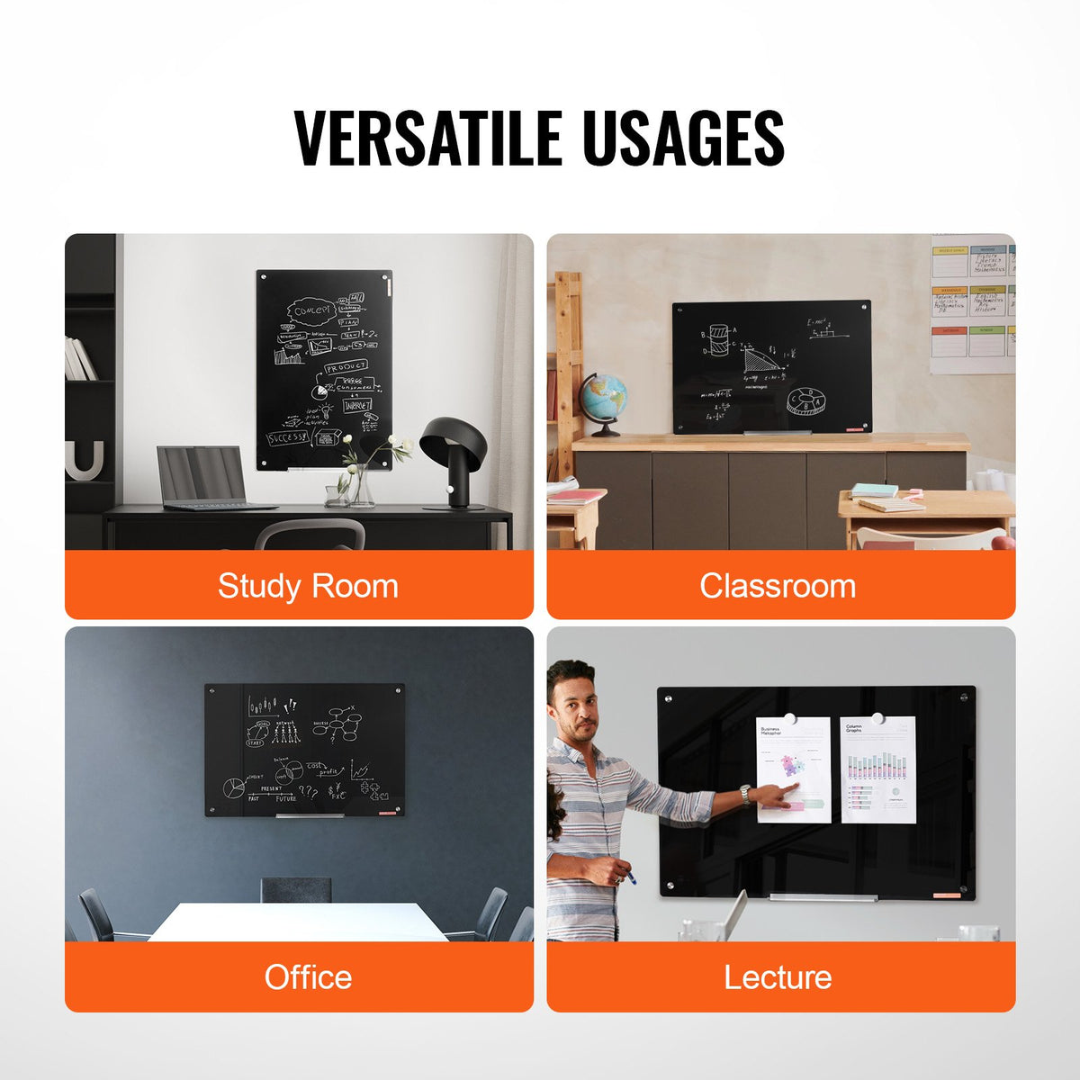 Magnetic Glass Whiteboard 36x24 Wall Mounted Frameless Dry Erase Board Black