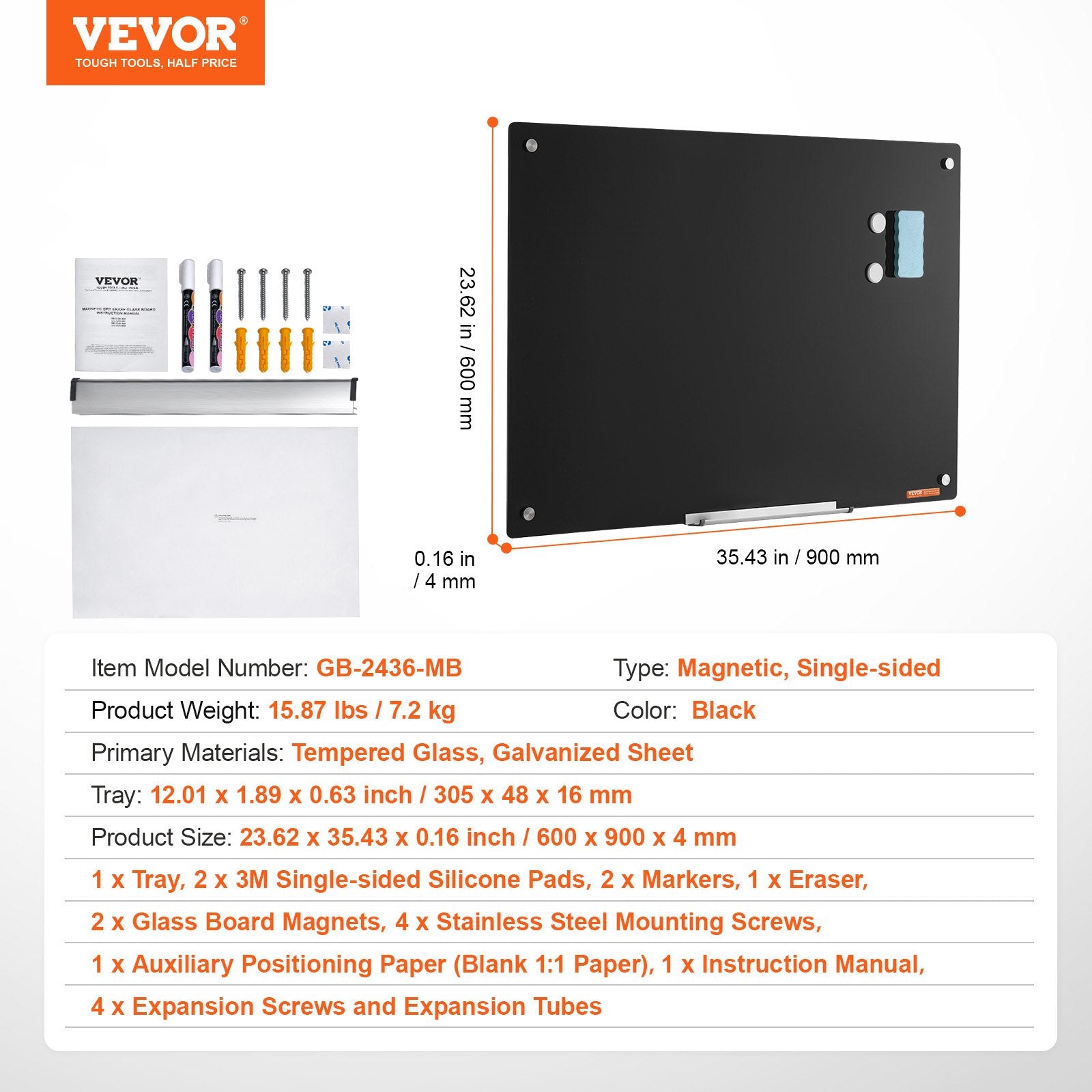 Magnetic Glass Whiteboard 36x24 Wall Mounted Frameless Dry Erase Board Black