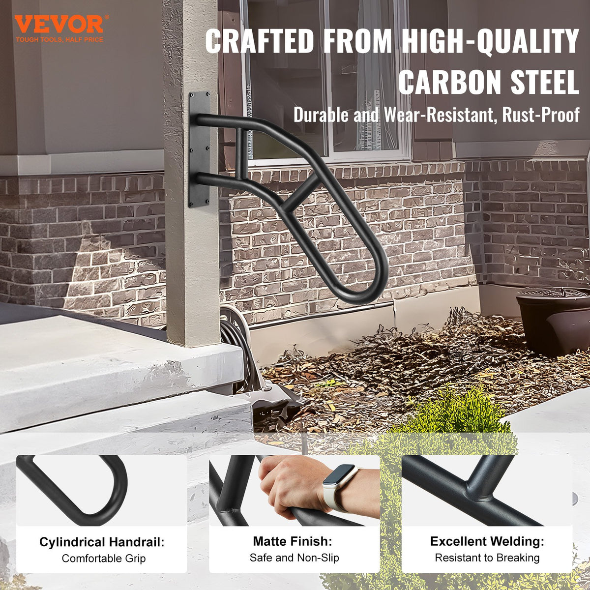 Handrails for Outdoor Steps 32" Wall Mount U-Shaped Matte Black Safety Rail