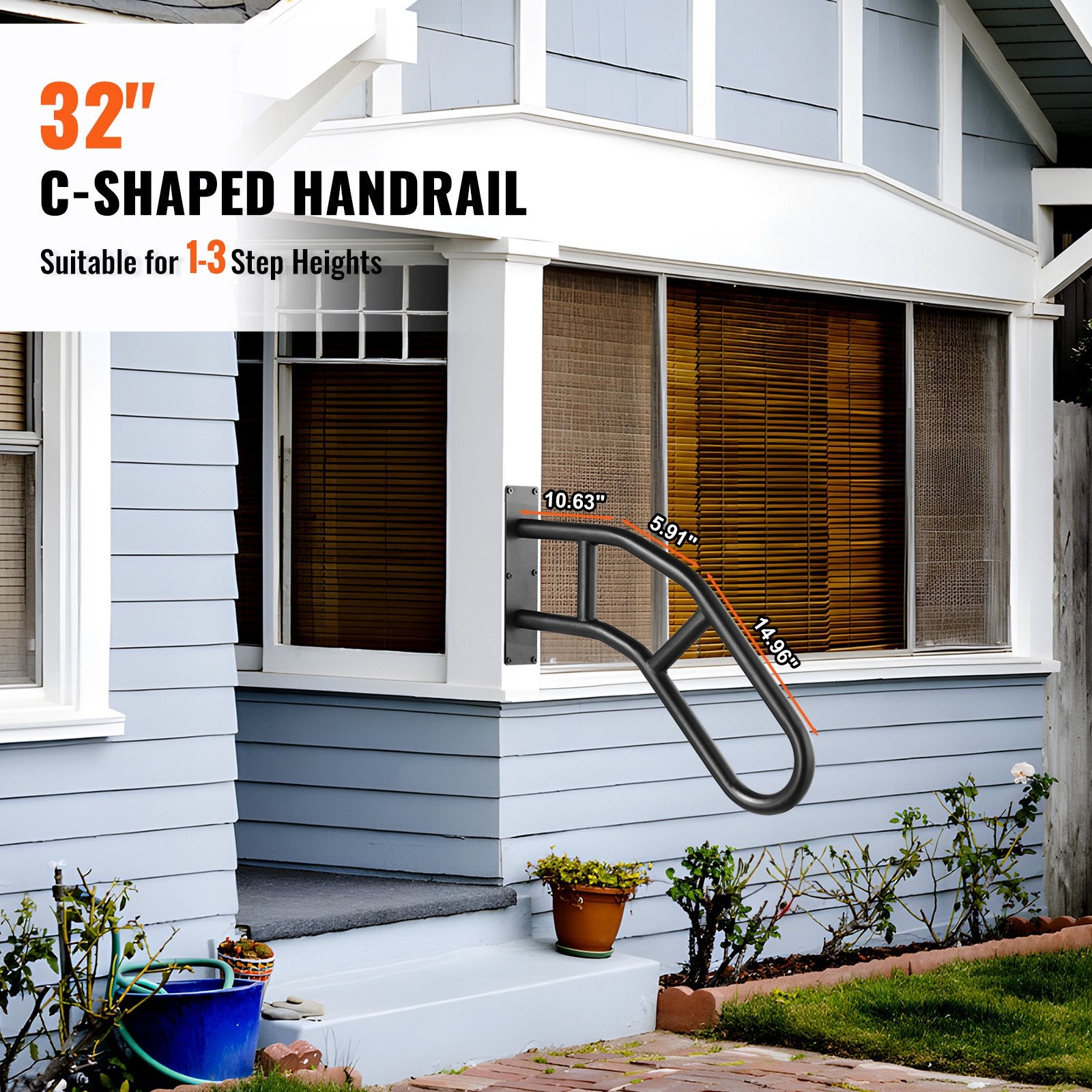 Handrails for Outdoor Steps 32" Wall Mount U-Shaped Matte Black Safety Rail