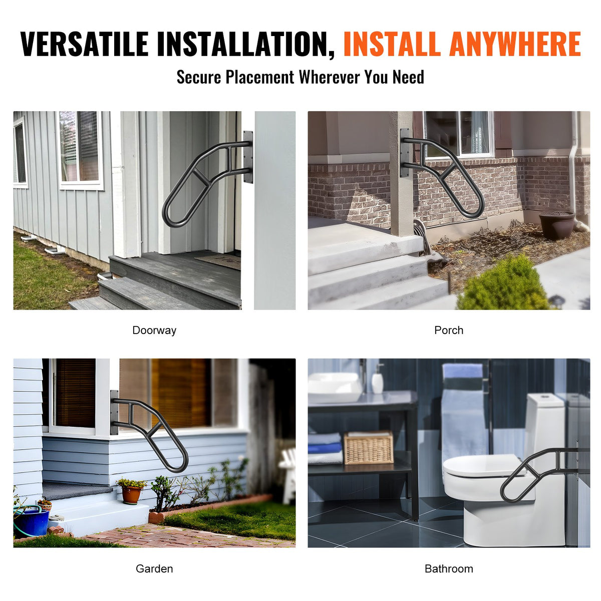 Handrails for Outdoor Steps 32" Wall Mount U-Shaped Matte Black Safety Rail
