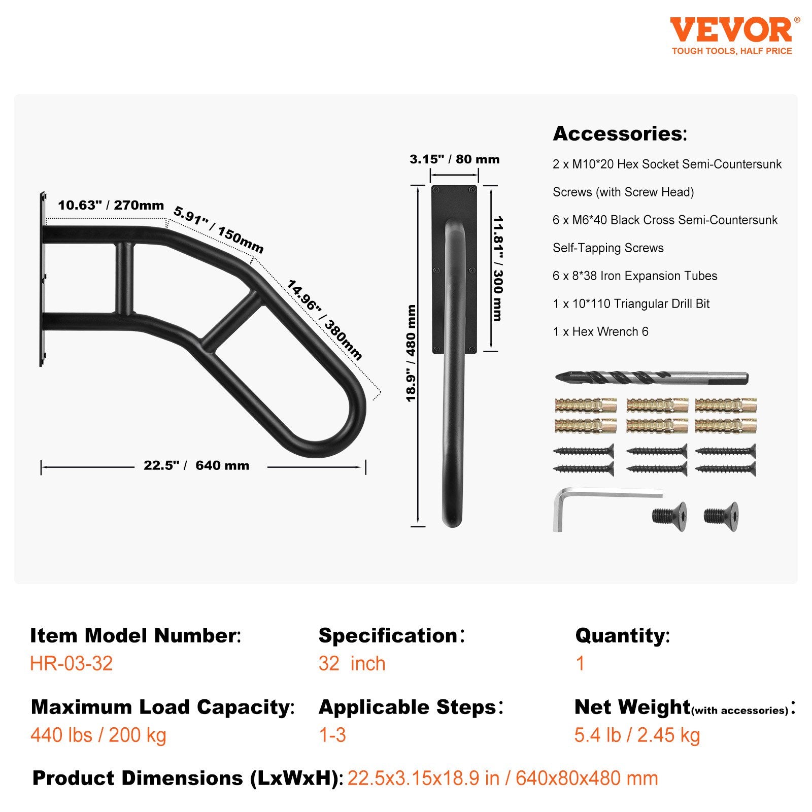 Handrails for Outdoor Steps 32" Wall Mount U-Shaped Matte Black Safety Rail
