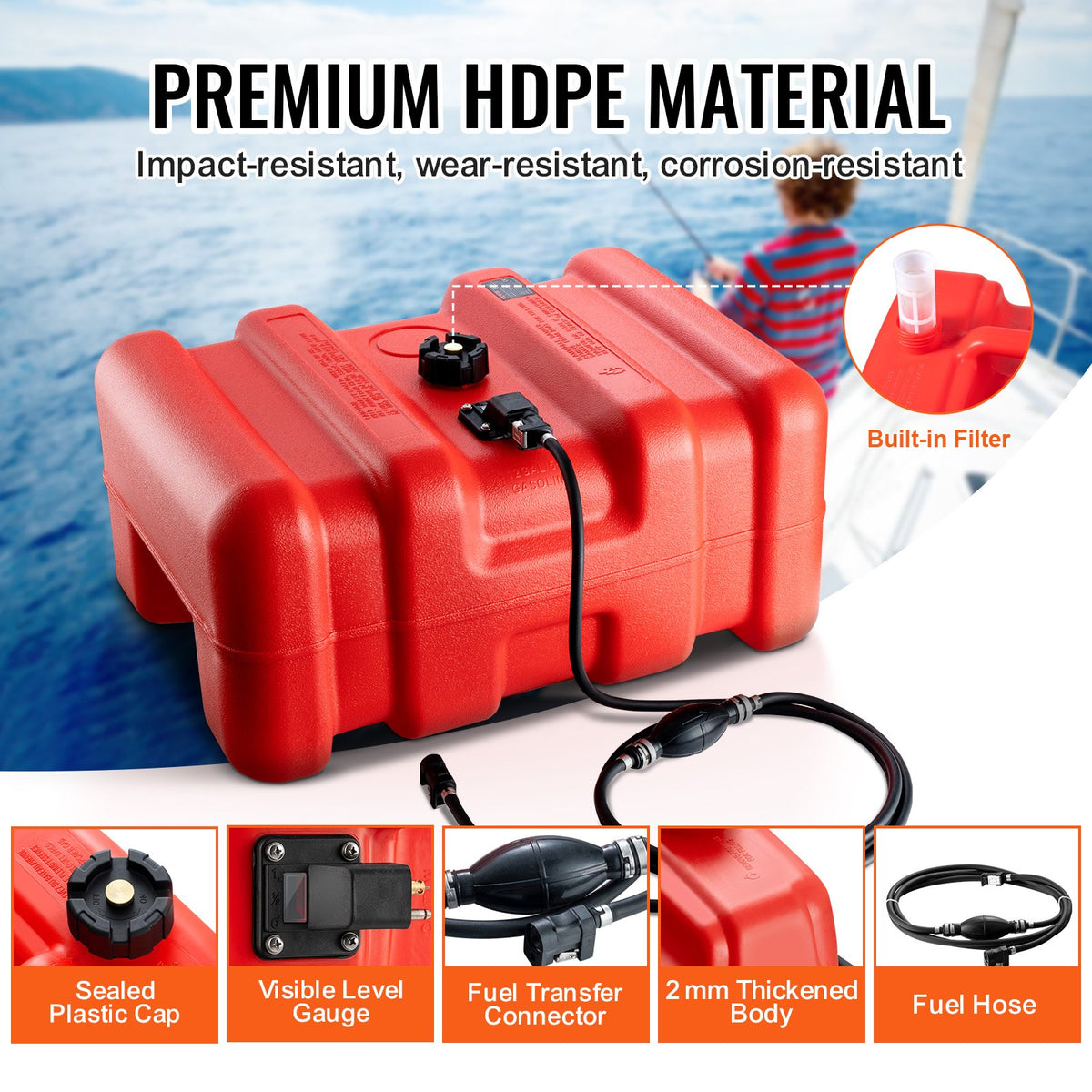 Boat Fuel Tank Portable Marine Outboard Gas 12 Gal/55L with Hose