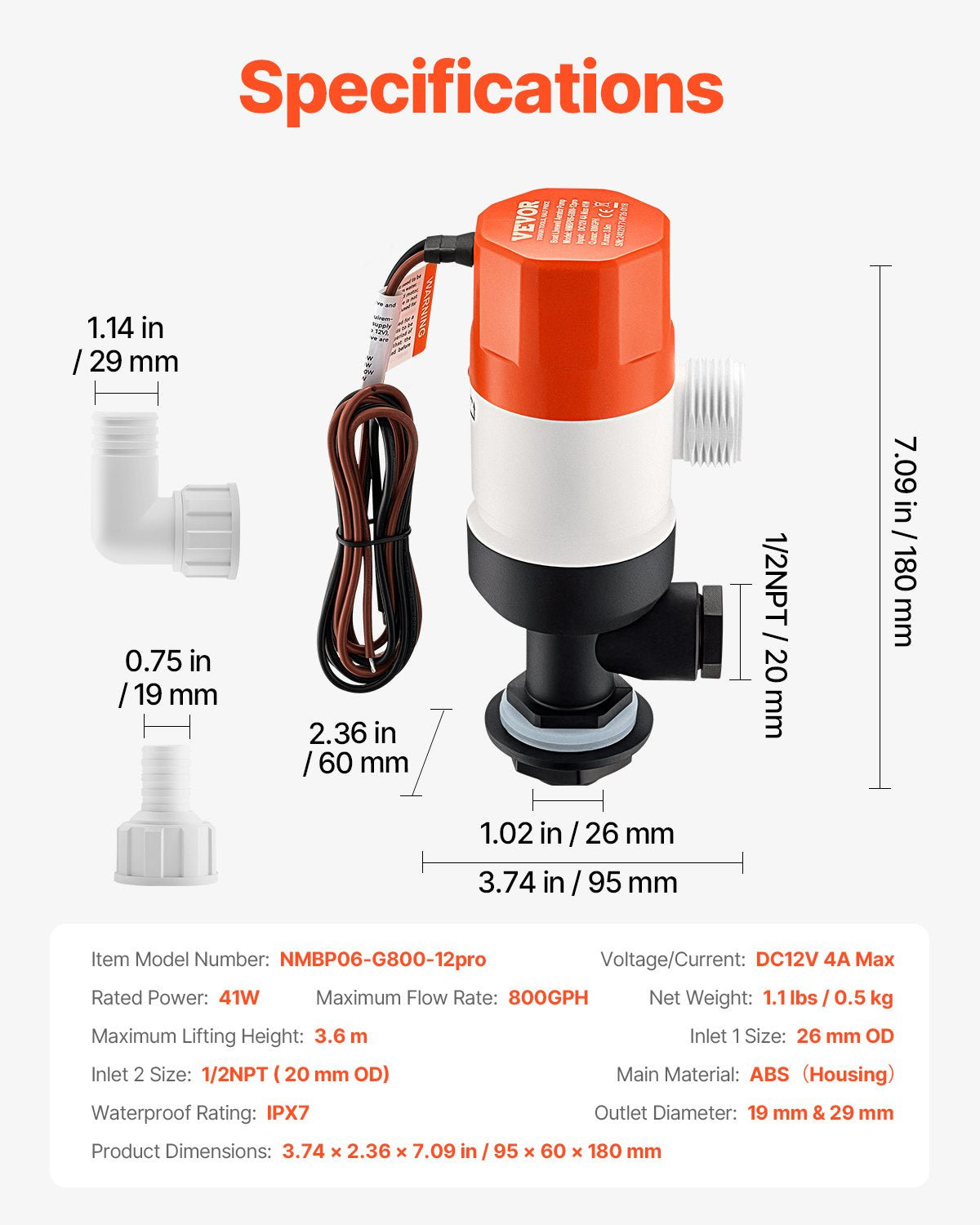 Livewell Pump 12V 800 GPH Dual Inlet Aerator with ABA Housing & Detachable Motor