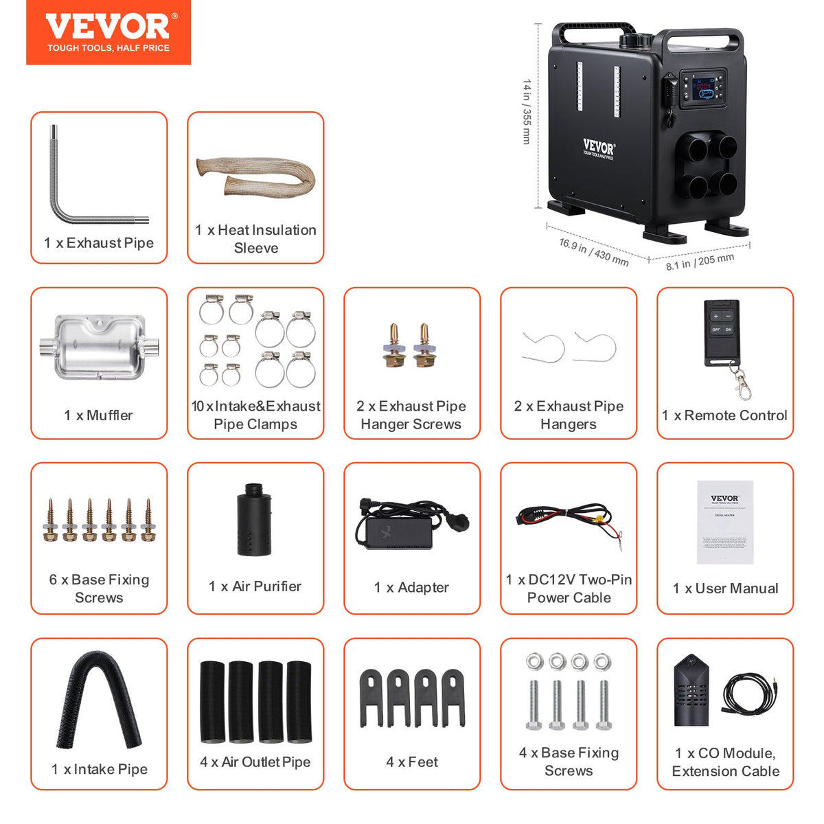 8KW Diesel Heater 12V/24V All-in-One Bluetooth Remote Display CO Alarm Vertical