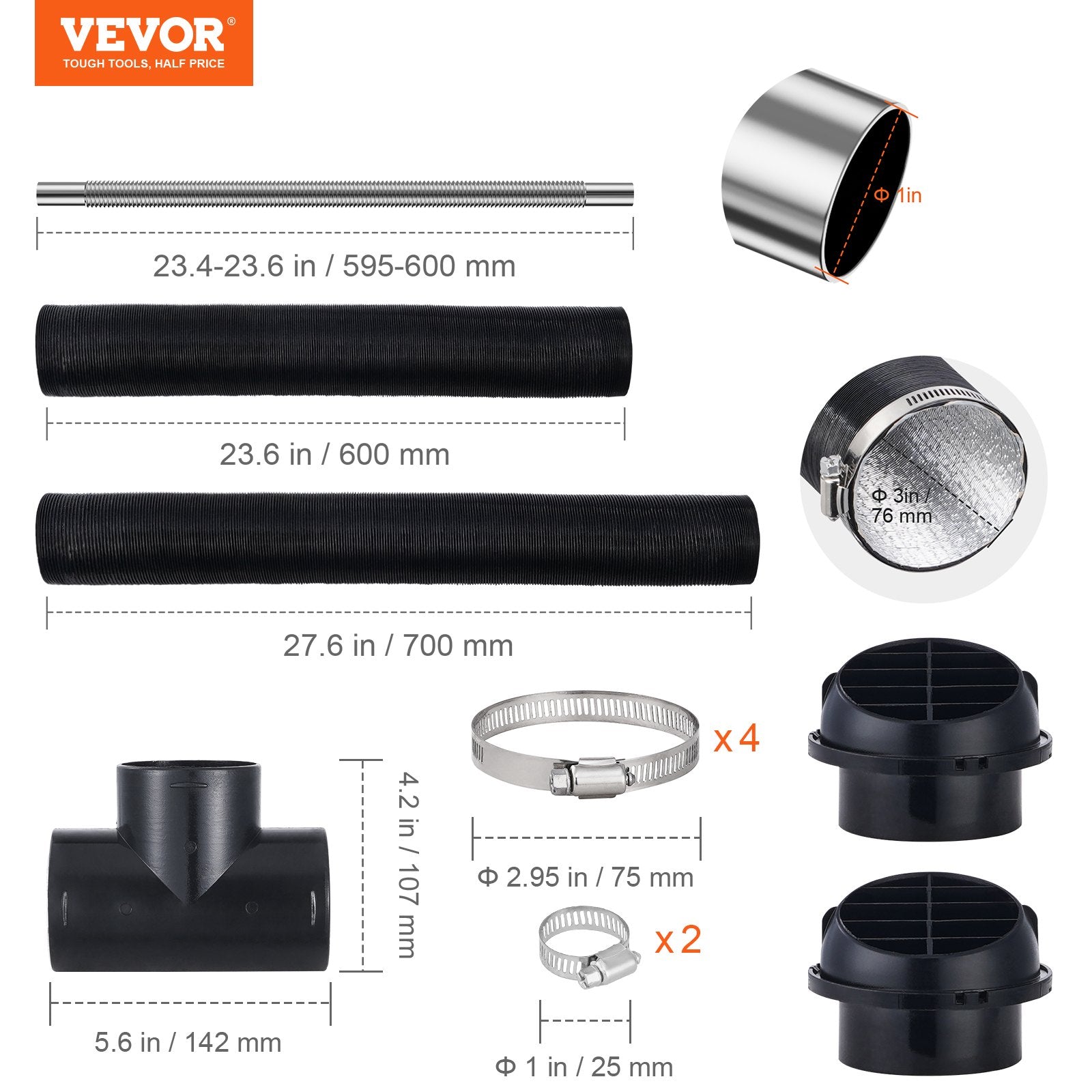 Diesel Heater Pipe Ducting Set 3" Hose 1" Exhaust Pipe Vents Connector Clamps