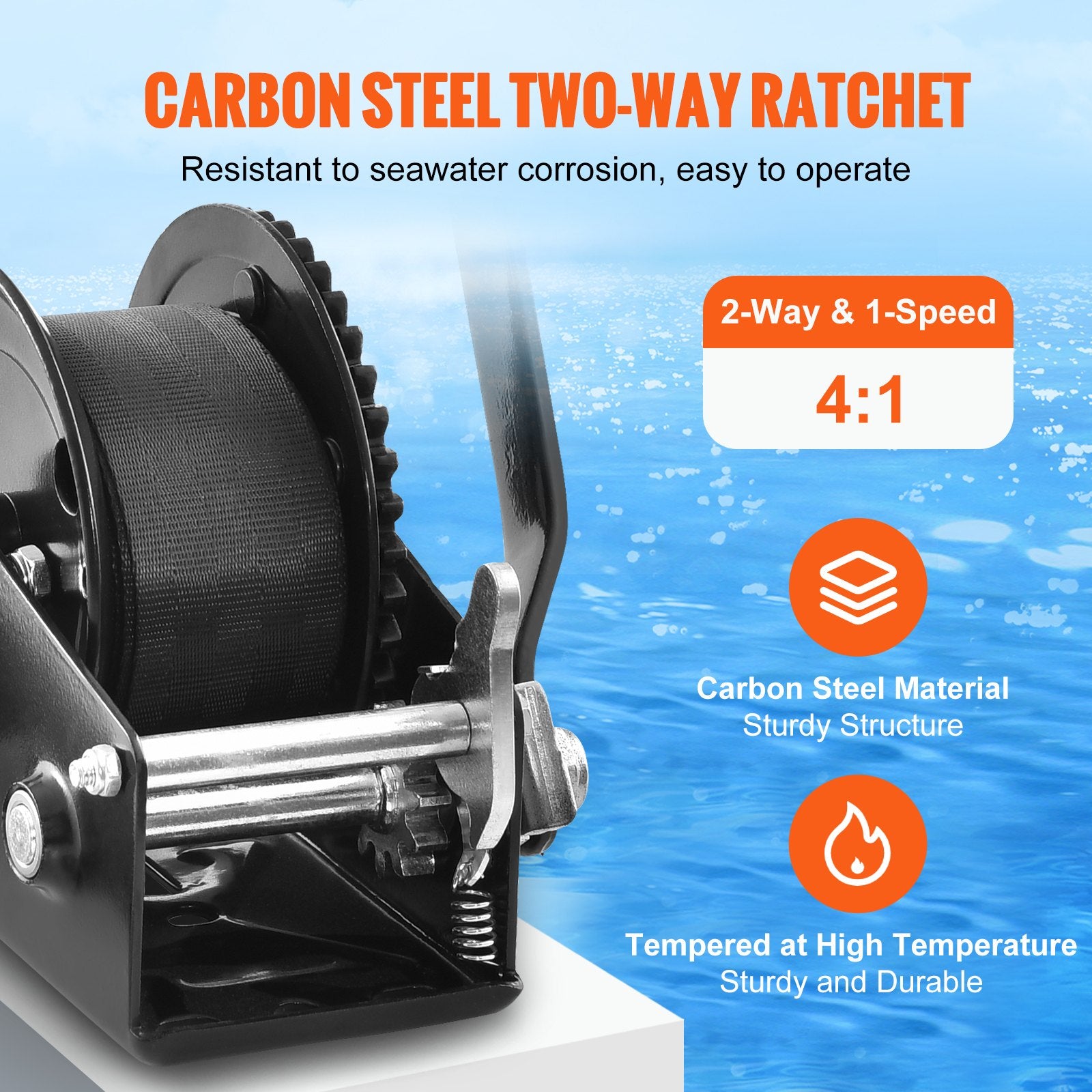 Hand Winch 544.3kg Pulling Capacity Heavy Duty Rope Crank with 7m Strap