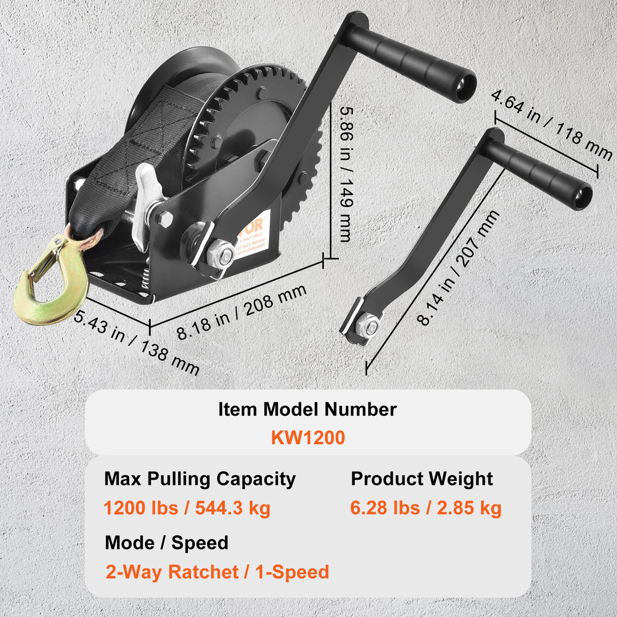 Hand Winch 544.3kg Pulling Capacity Heavy Duty Rope Crank with 7m Strap