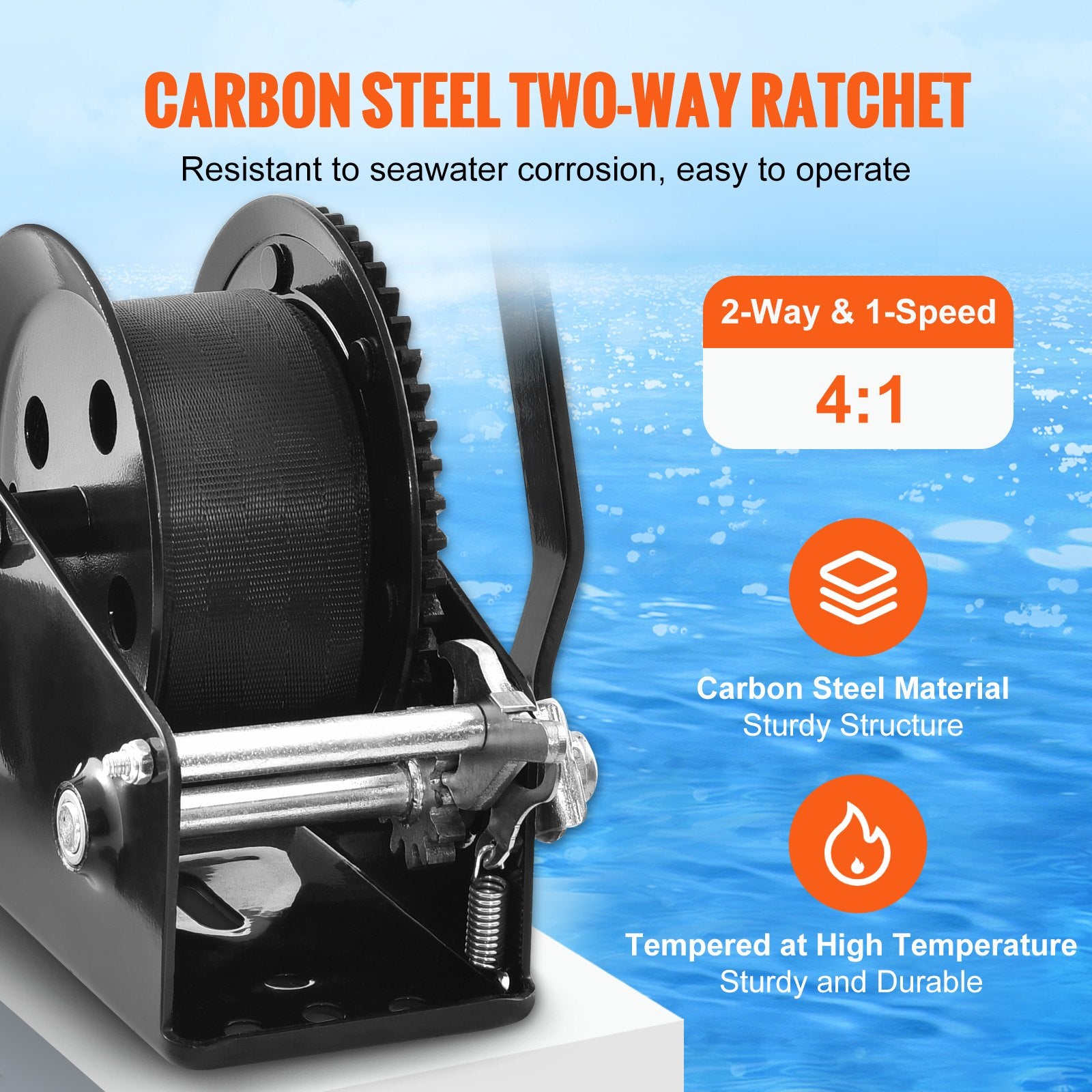 Hand Winch 725.7kg Boat Trailer 10m Polyester Strap Two-Way Ratchet Crank