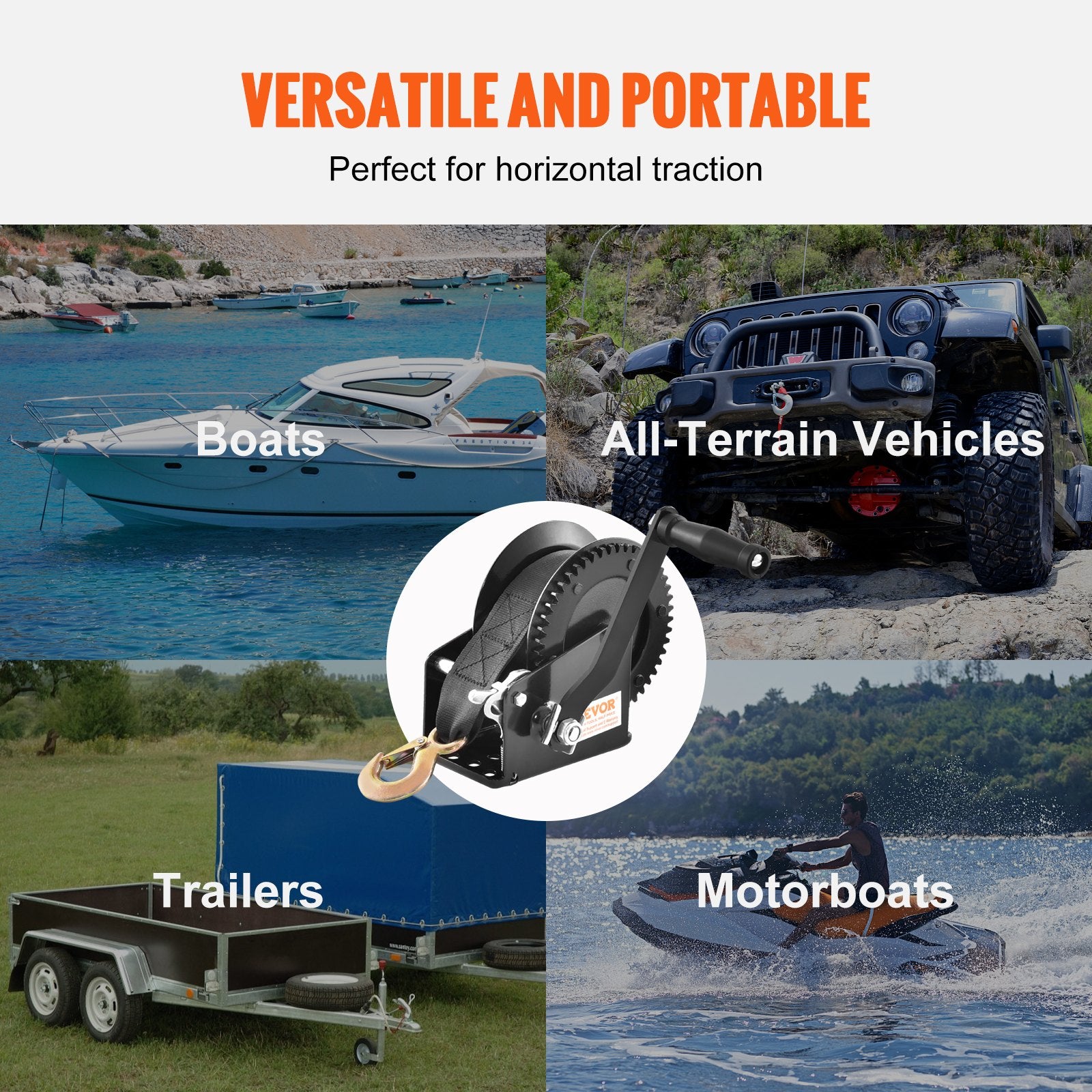 Hand Winch 725.7kg Boat Trailer 10m Polyester Strap Two-Way Ratchet Crank