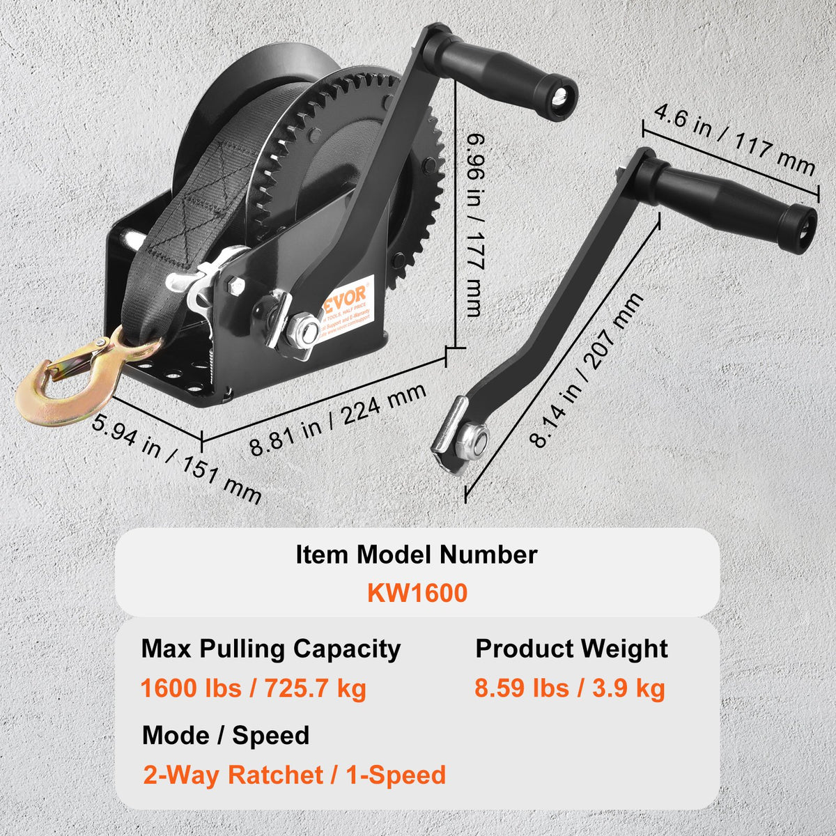 Hand Winch 725.7kg Boat Trailer 10m Polyester Strap Two-Way Ratchet Crank